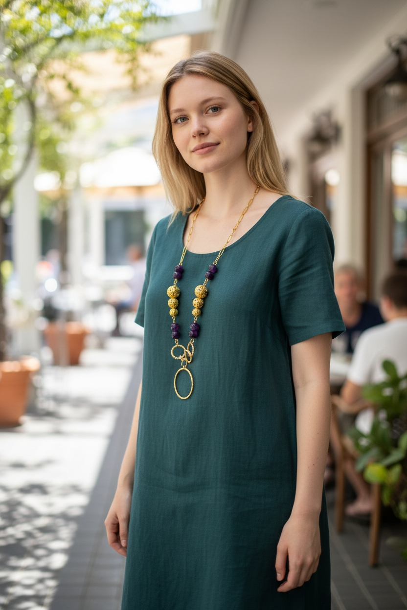 Sophisticated Amethyst-Style & Gold Filigree Pendant Necklace