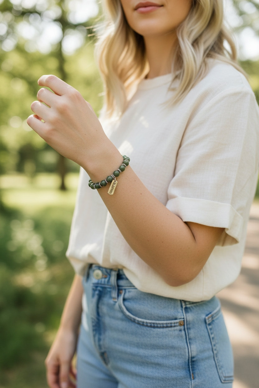 Handcrafted Sage Jade "BLESSED" Artisan Bracelet