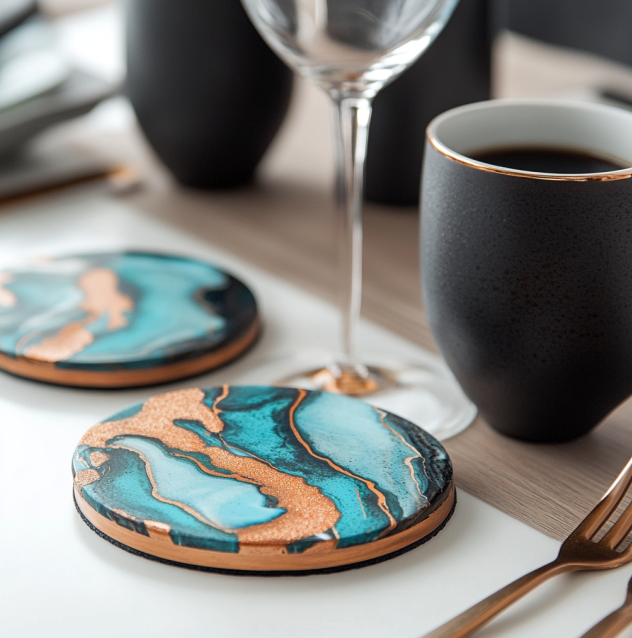 Two decorative teal and copper coasters on a table with a black coffee cup and a wine glass.