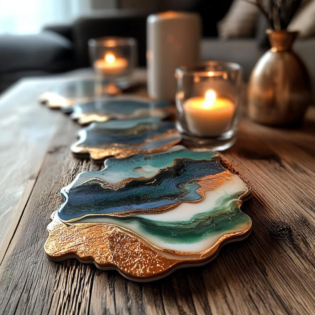 Wooden table with artistic resin coasters, featuring blue, green, and gold designs. Lit candles in glass holders enhance the cozy atmosphere.