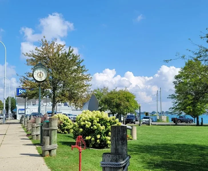 A riverside park with a sidewalk, a clock with the words 'Marina City', a row of trees, white and green hydrangea flowers, several parked cars, and a view of the water in the distance under a blue sky with clouds.