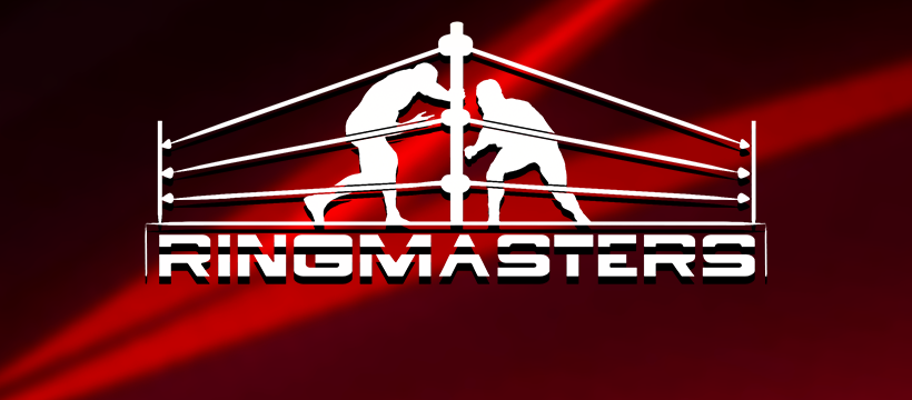 Silhouettes of two boxers in a ring, one delivering a punch, with the text 'Rings Masters' beneath them, set against a dark red background.