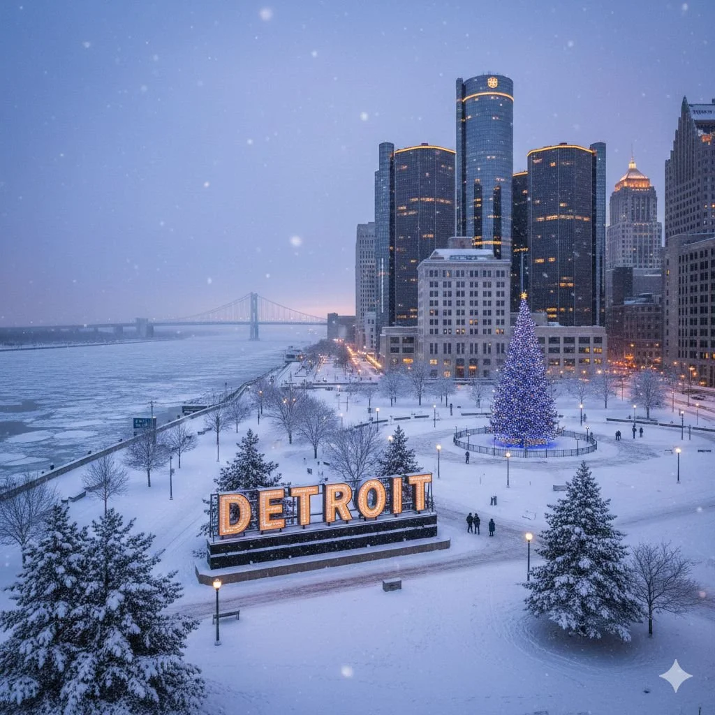 Snow-covered city park in Detroit with large illuminated sign spelling 'DETROIT,' a Christmas tree decorated with lights, and tall skyscrapers in the background during snowfall.