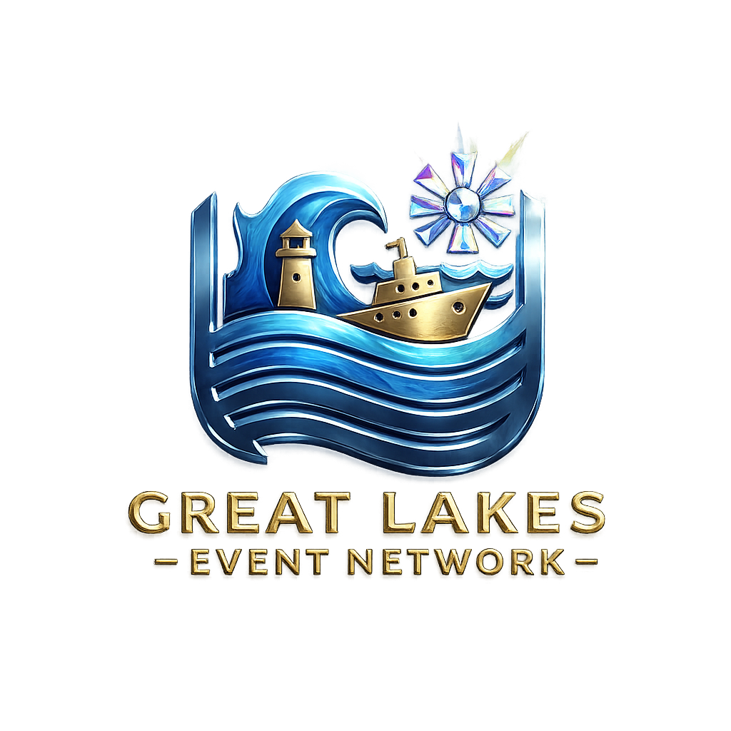 Logo for Great Lakes Event Network featuring a lighthouse, a ship, a lighthouse, and a windmill, with wave patterns in blue and gold text.