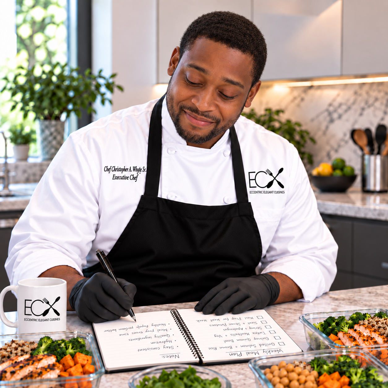 Chef signing a menu at a kitchen counter with salads and a coffee mug on it.