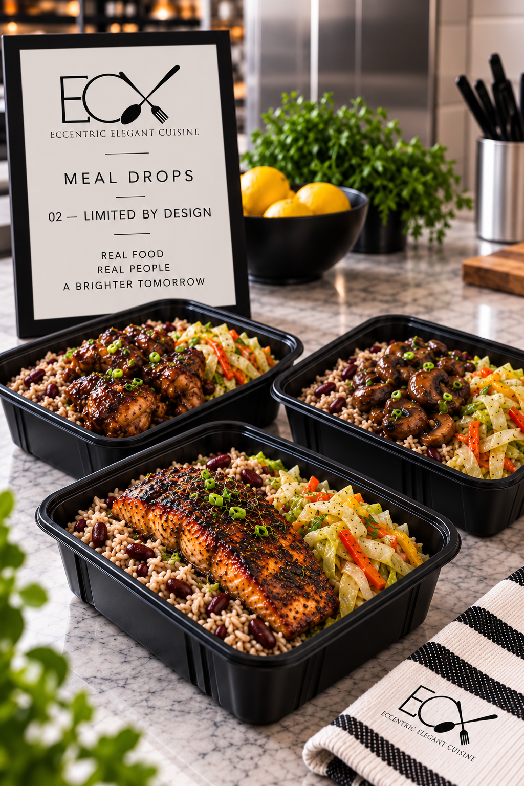 Three black meal containers filled with rice, beans, vegetables, and grilled salmon or chicken, placed on a marble counter with a sign reading "Eccentric Elegant Cuisine Meal Drops Limited by Design." A bowl of lemons and a plant are in the background.
