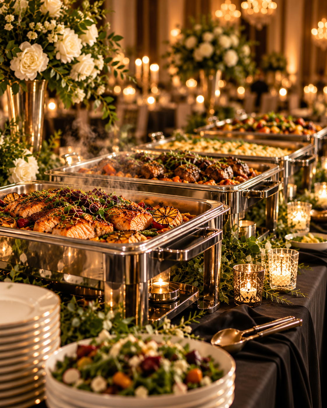 Buffet table with chafing dishes of salmon and meat dishes at an elegant event with floral centerpieces and candlelit ambiance.