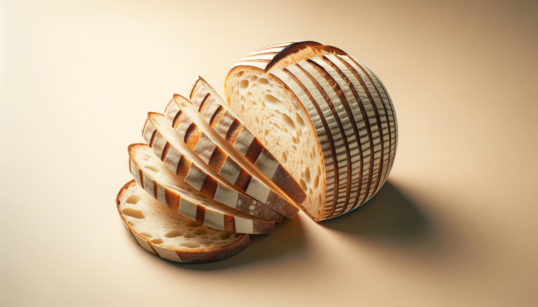 Sliced artisanal bread with a patterned crust on a beige background.