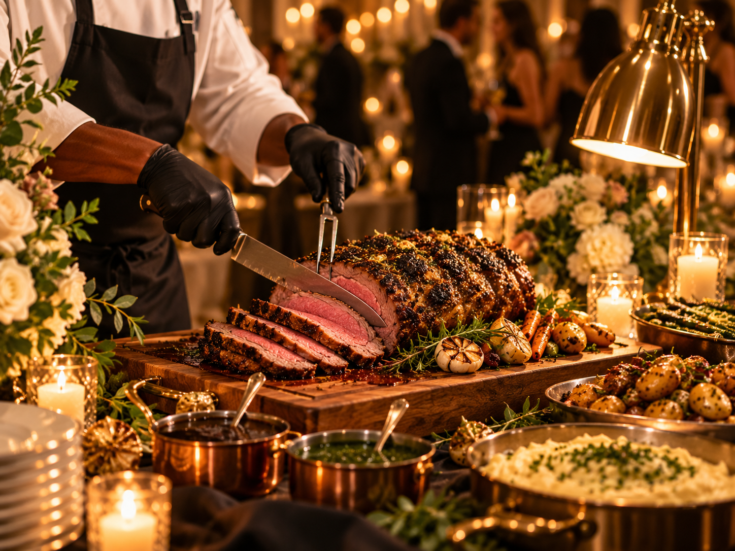 A chef carving a large roasted beef tenderloin at a formal dinner event with candles and flowers.