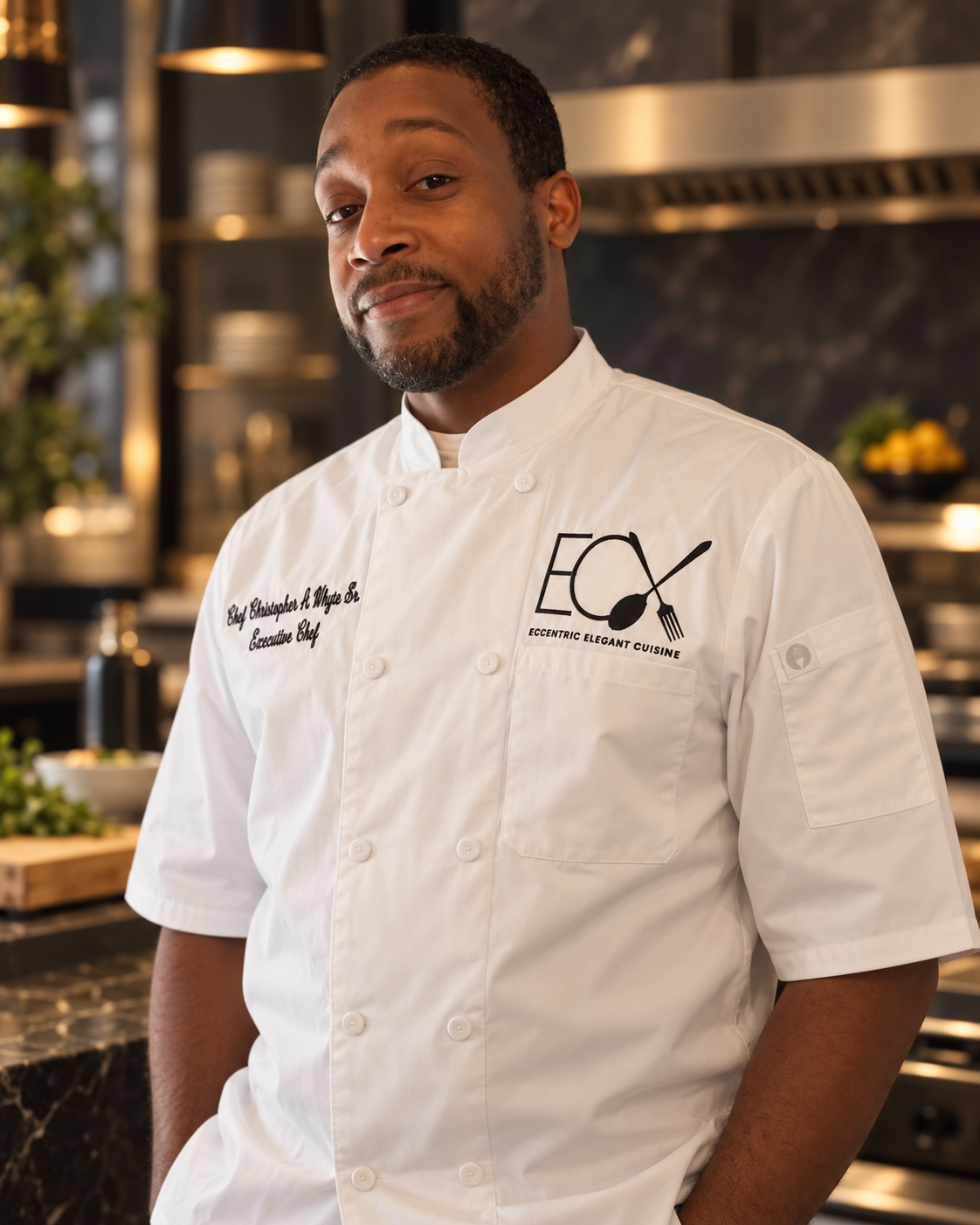 A male chef in a white uniform with the logo 'Eccentric Elegant Cuisine' stands in a professional kitchen.