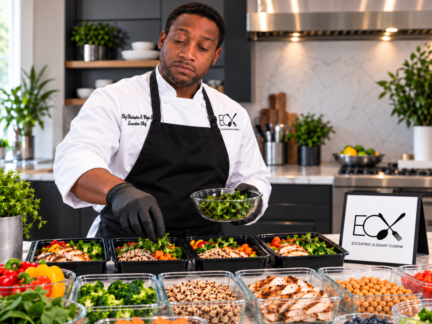 A chef preparing salads in a modern kitchen, surrounded by various fresh vegetables and prepared dishes, with a sign reading 'Eccentric Elegant Cuisine'.