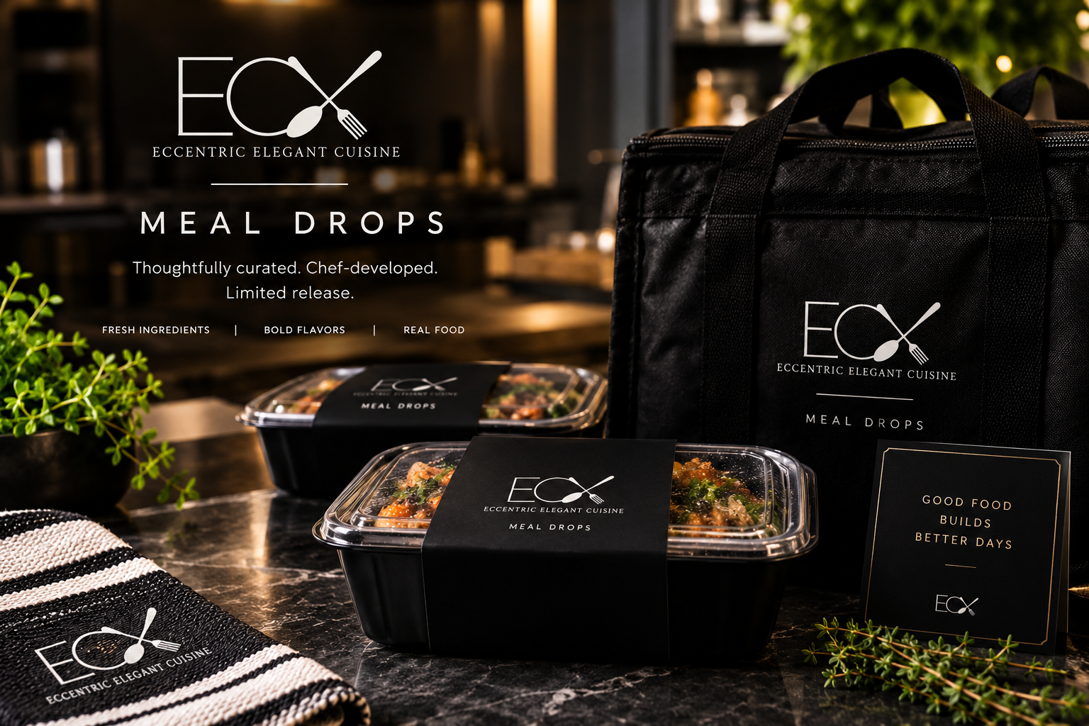 Two meal drop containers with black labels displaying the logo for Eclectic Elegant Cuisine, along with a black insulated bag, a black and white striped cloth, a small plant, and a black sign with gold text that reads, "Good food builds better days." The background shows a kitchen or cafe setting.