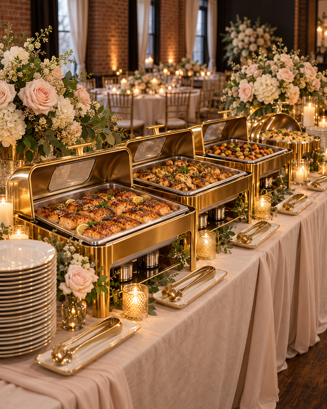 Buffet table with gold chafing dishes containing roasted chicken, vegetables, and salad, decorated with candles and flower arrangements in a decorated event space.