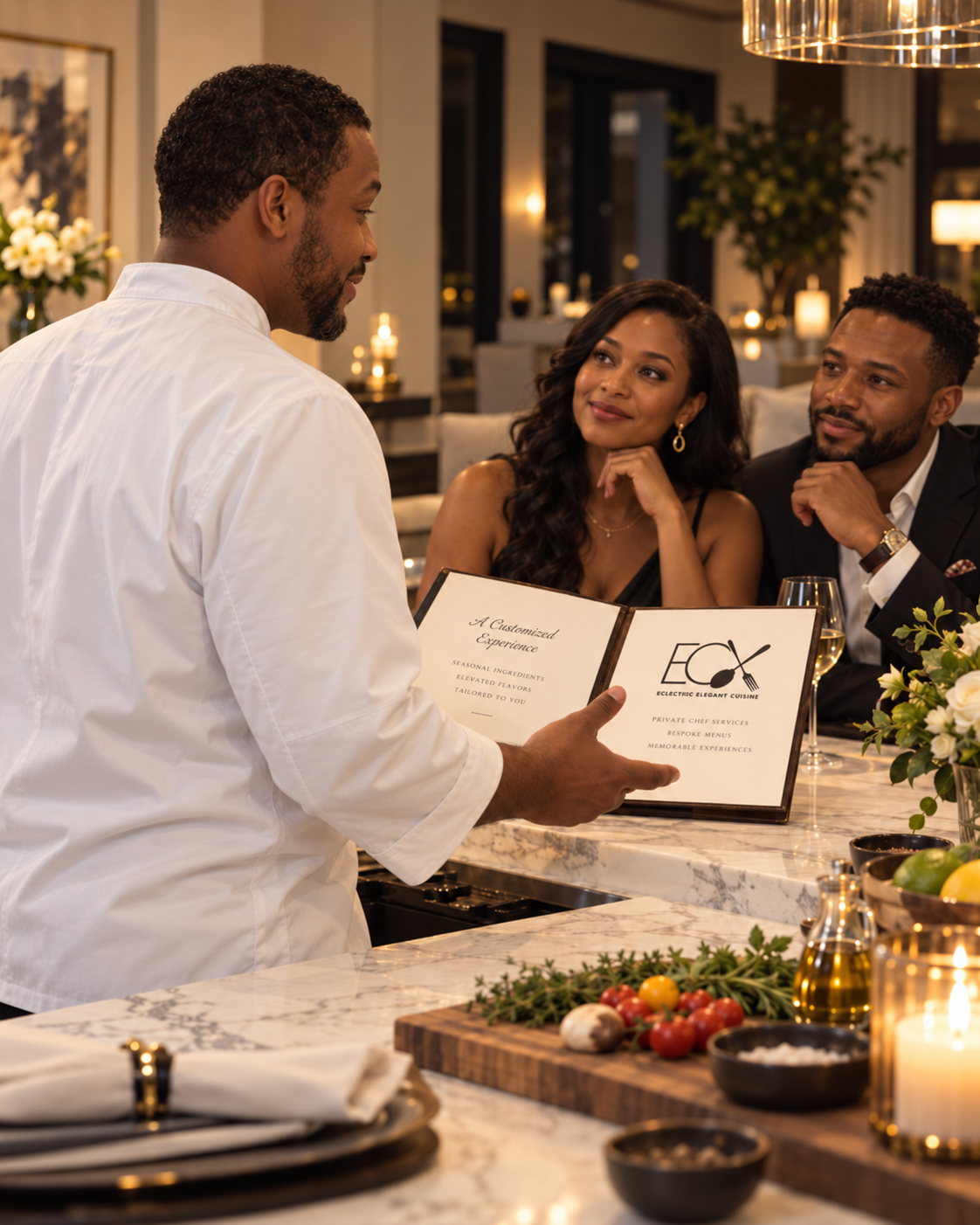 A chef presents a menu to a couple dining at a restaurant with warm ambient lighting, decorative plants, and a marble countertop with fresh ingredients and candles.