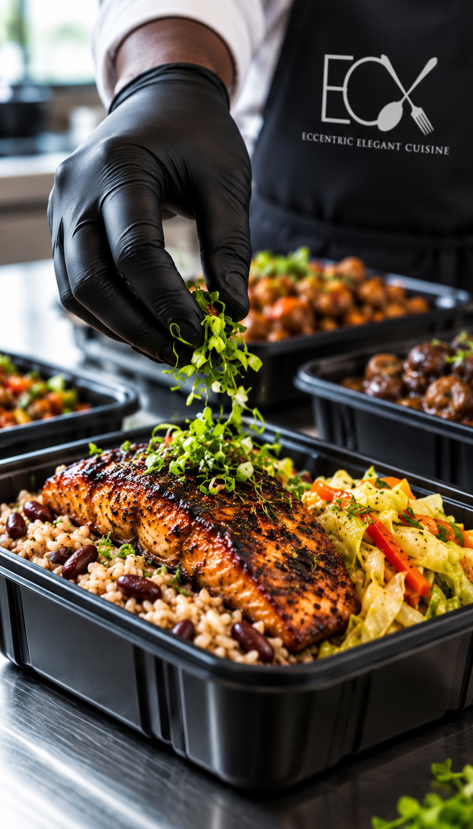 A chef placing fresh greens on a grilled salmon fillet served with rice and beans, with other plated dishes in the background.