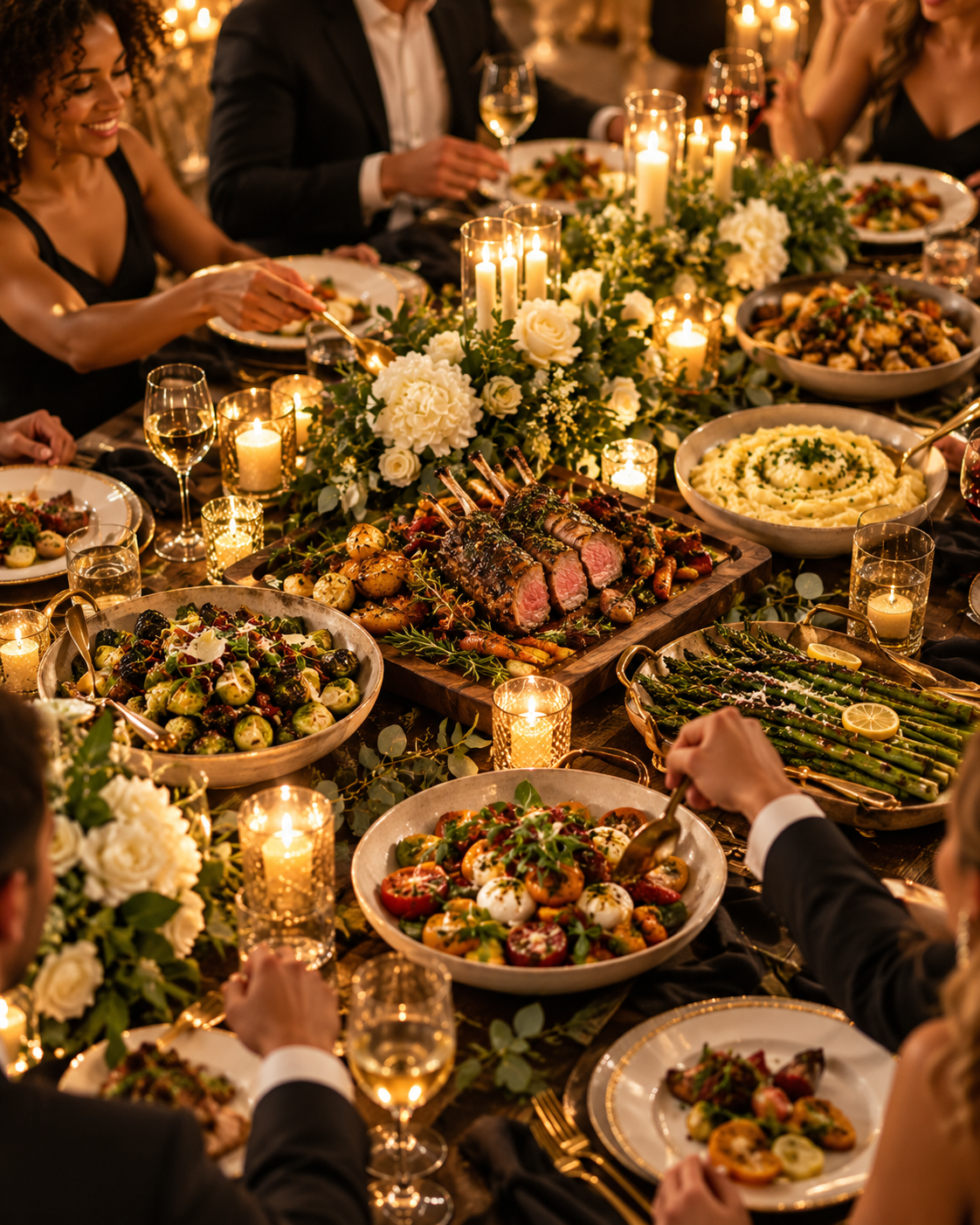 A festive dinner scene with people in formal attire enjoying a meal at a beautifully decorated table with candles and floral centerpieces. The table is filled with various dishes, including a roasted meat, salads, asparagus, mashed potatoes, and other gourmet foods.