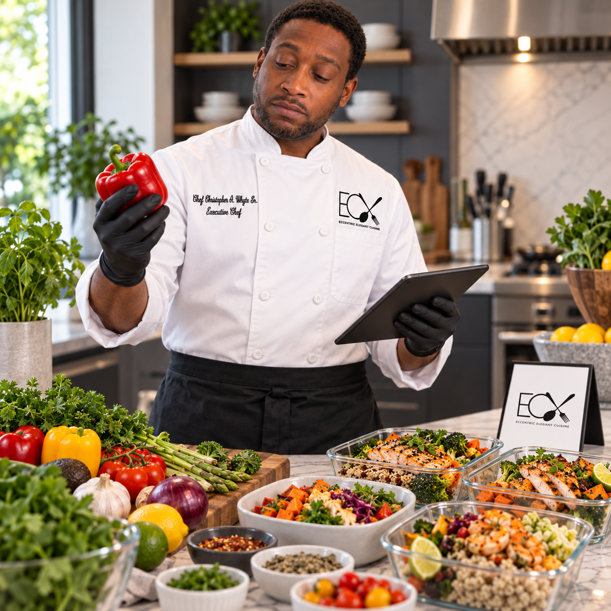 Chef in a white coat holding a red bell pepper examines it while standing in a modern kitchen surrounded by fresh vegetables and prepared salads.