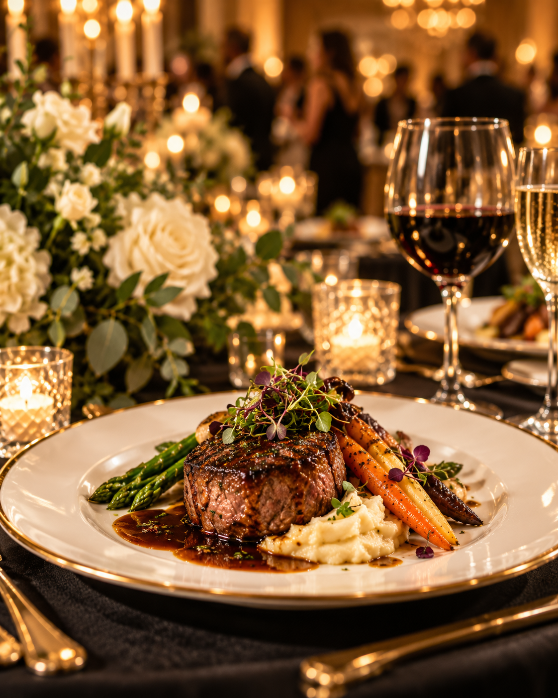 A fancy dinner table setting featuring a plate with a steak, mashed potatoes, and roasted carrots garnished with microgreens, with a glass of red wine, surrounded by lit candles and floral arrangements, in a dimly lit elegant event space.
