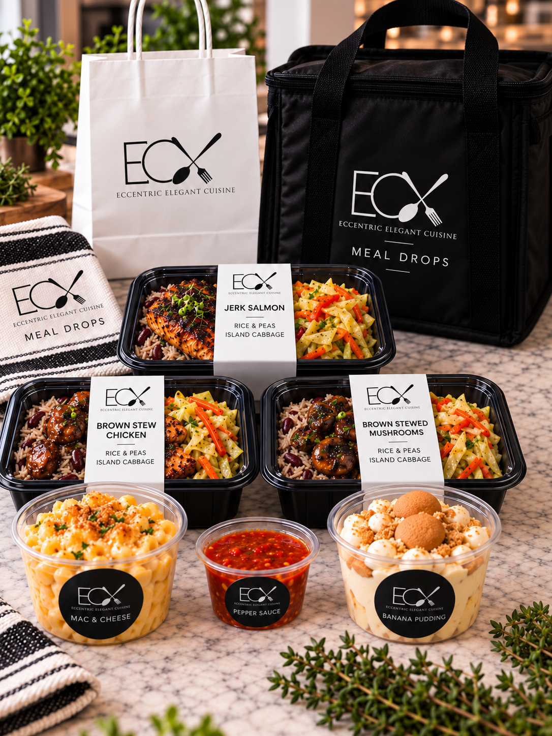 Meal delivery with black and white branded containers, including macaroni and cheese, pepper sauce, banana pudding, and pre-packaged rice bowls with labels for jerk salmon, brown stewed chicken, and mushrooms. Branded tote bags and a thermal bag are also visible.