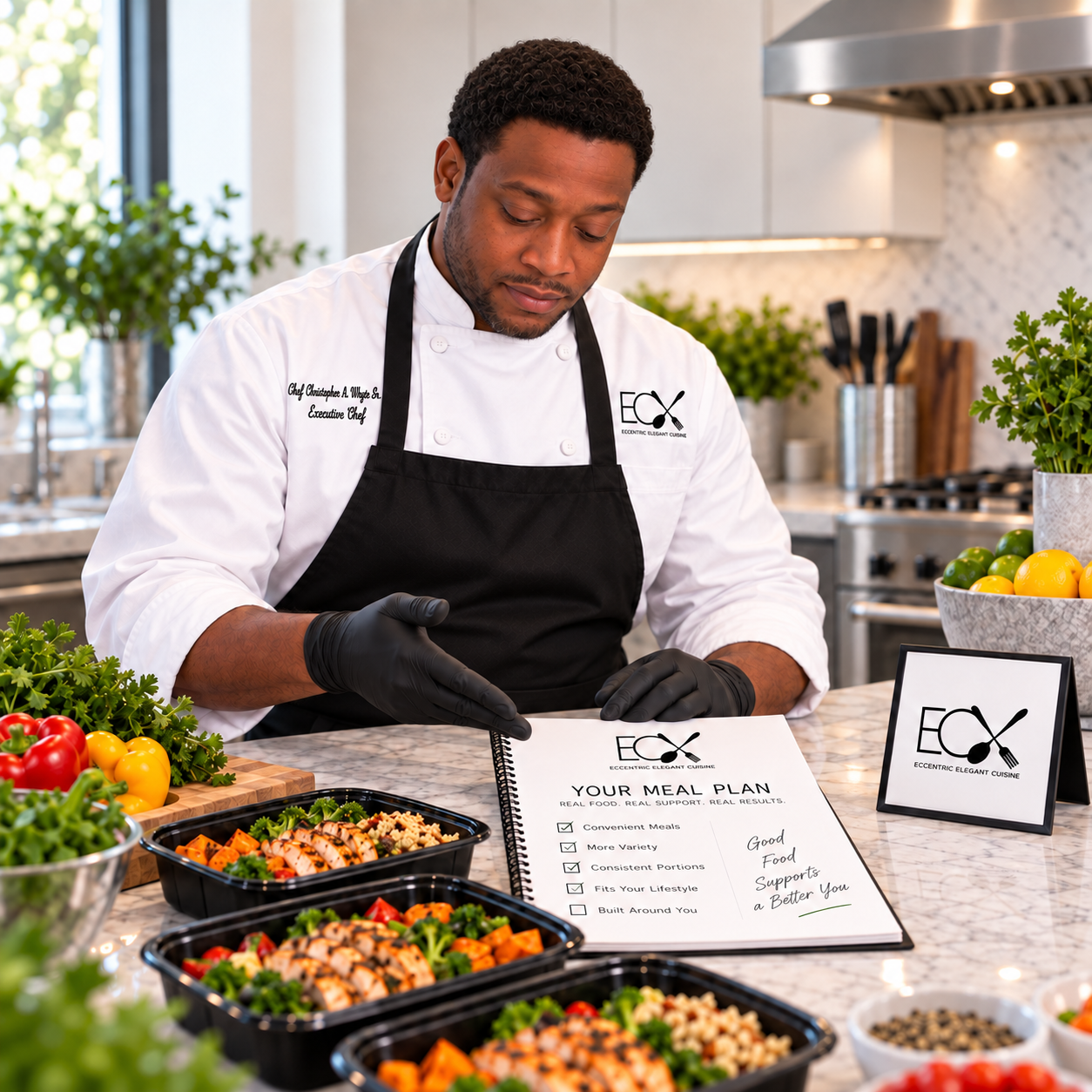 Chef in black apron and white chef coat with embroidered name, looking down and preparing a meal plan on a countertop surrounded by colorful salads and vegetables in a modern kitchen.