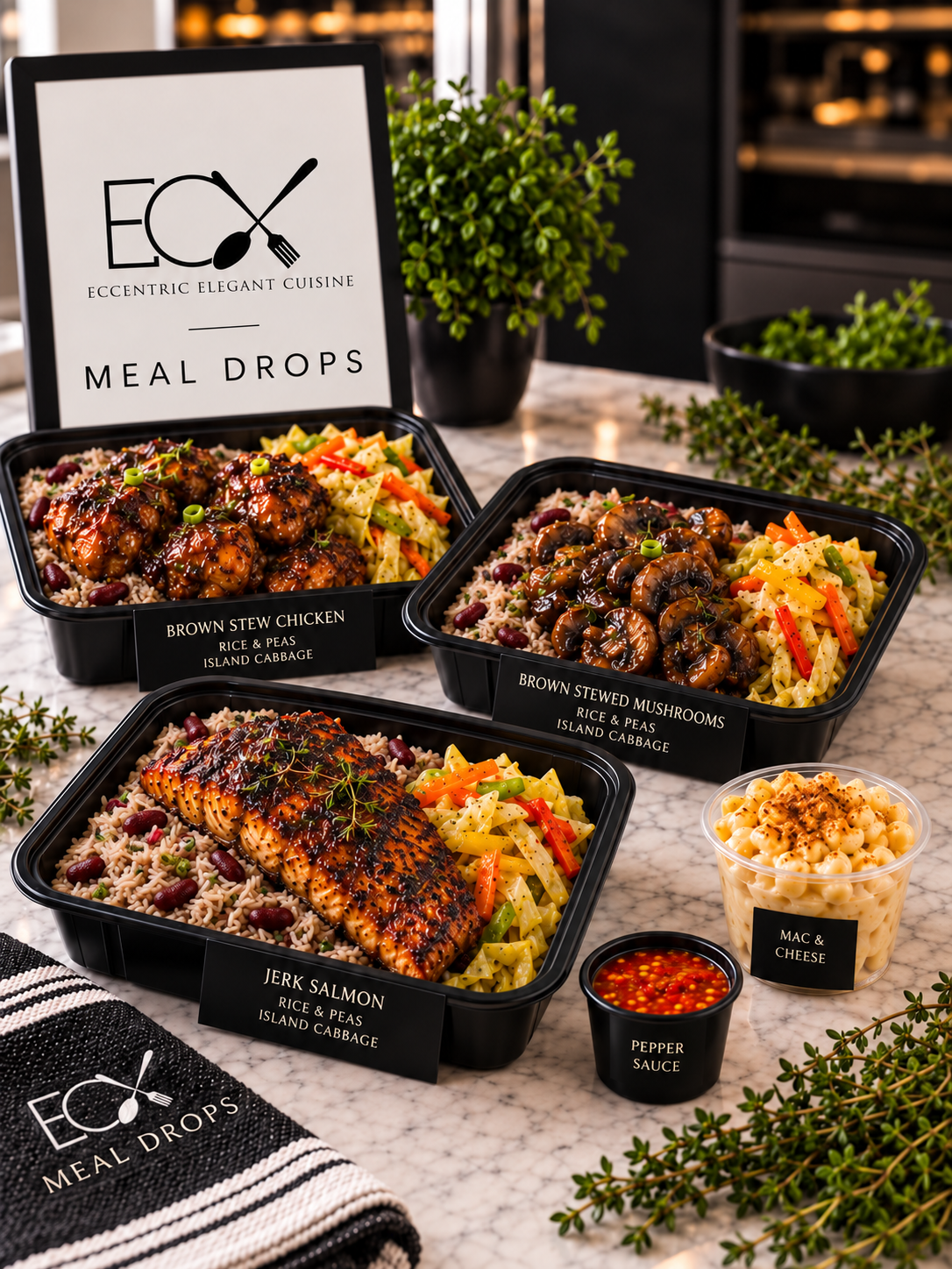Meal drop containers with labeled dishes including brown stewed chicken, mushrooms, and salmon, served with rice, peas, and island cabbage, along with a side of mac and cheese, pepper sauce, and garnished with herbs at a kitchen counter.
