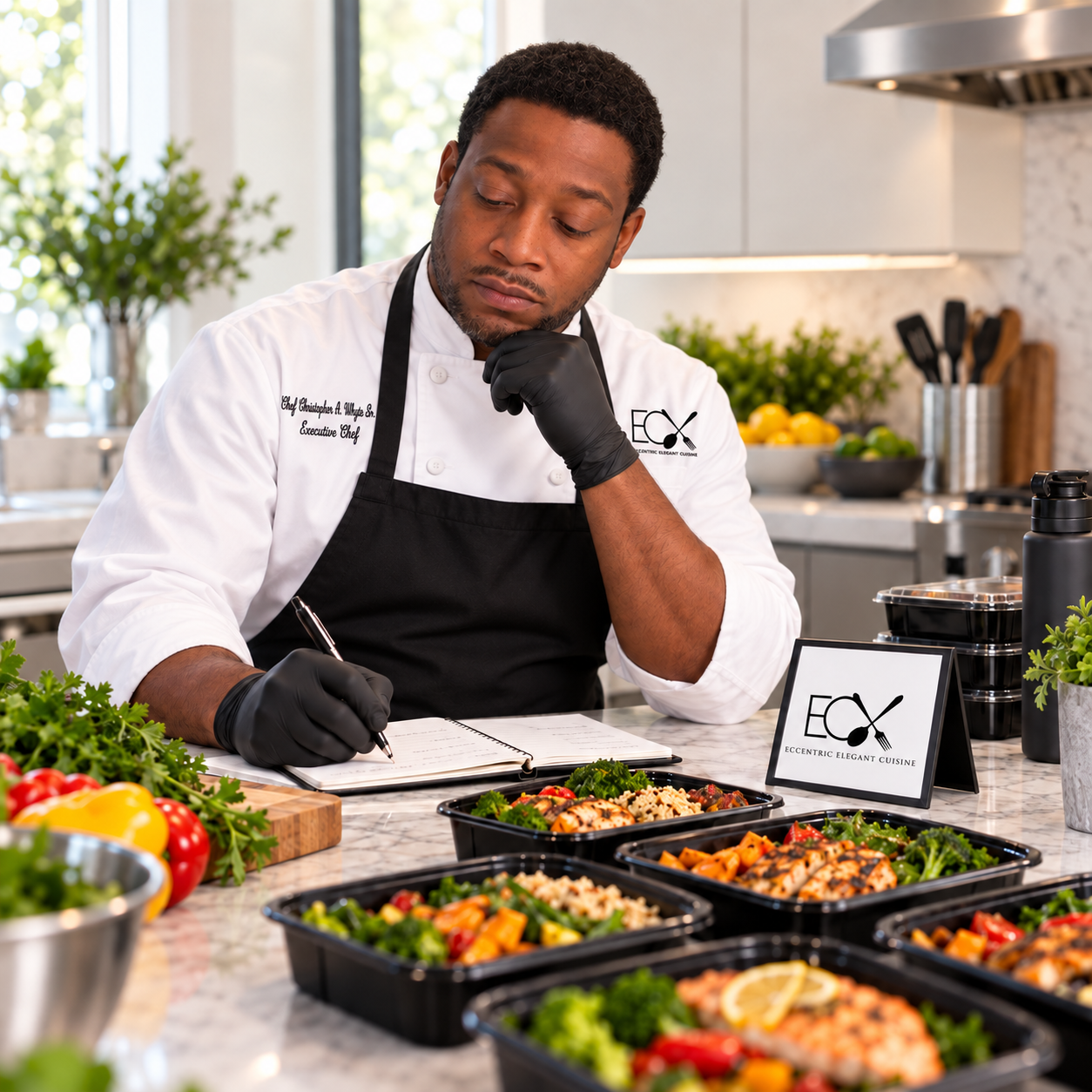 A chef in a white coat and black apron, wearing black gloves, writing in a notebook in a modern kitchen surrounded by prepared food and fresh ingredients, with a sign that reads 'ECX - Eccentric Elegant Cuisine'.
