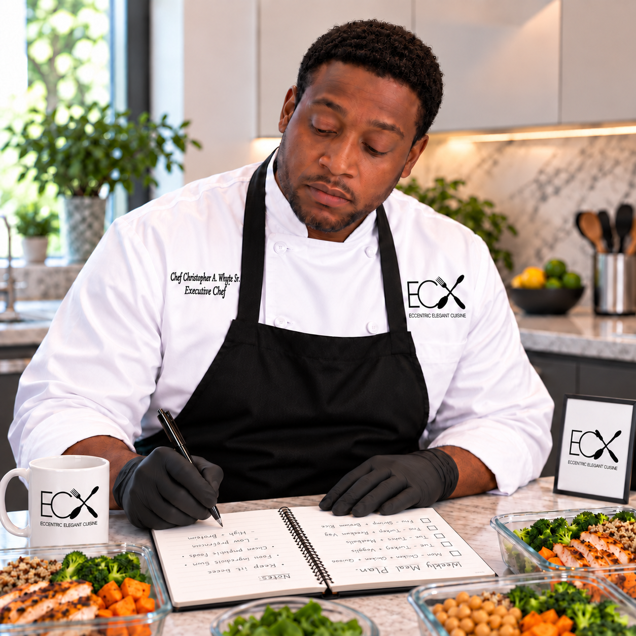 Chef Christopher A. Whyte Jr. in a white chef's coat and black apron, writing in a notebook at a kitchen counter. The counter has salads with vegetables, a mug with 'Eccentric Elegant Cuisine' logo, and a small framed sign with the same logo. The background features potted plants, a bowl of lemons and limes, and kitchen utensils.