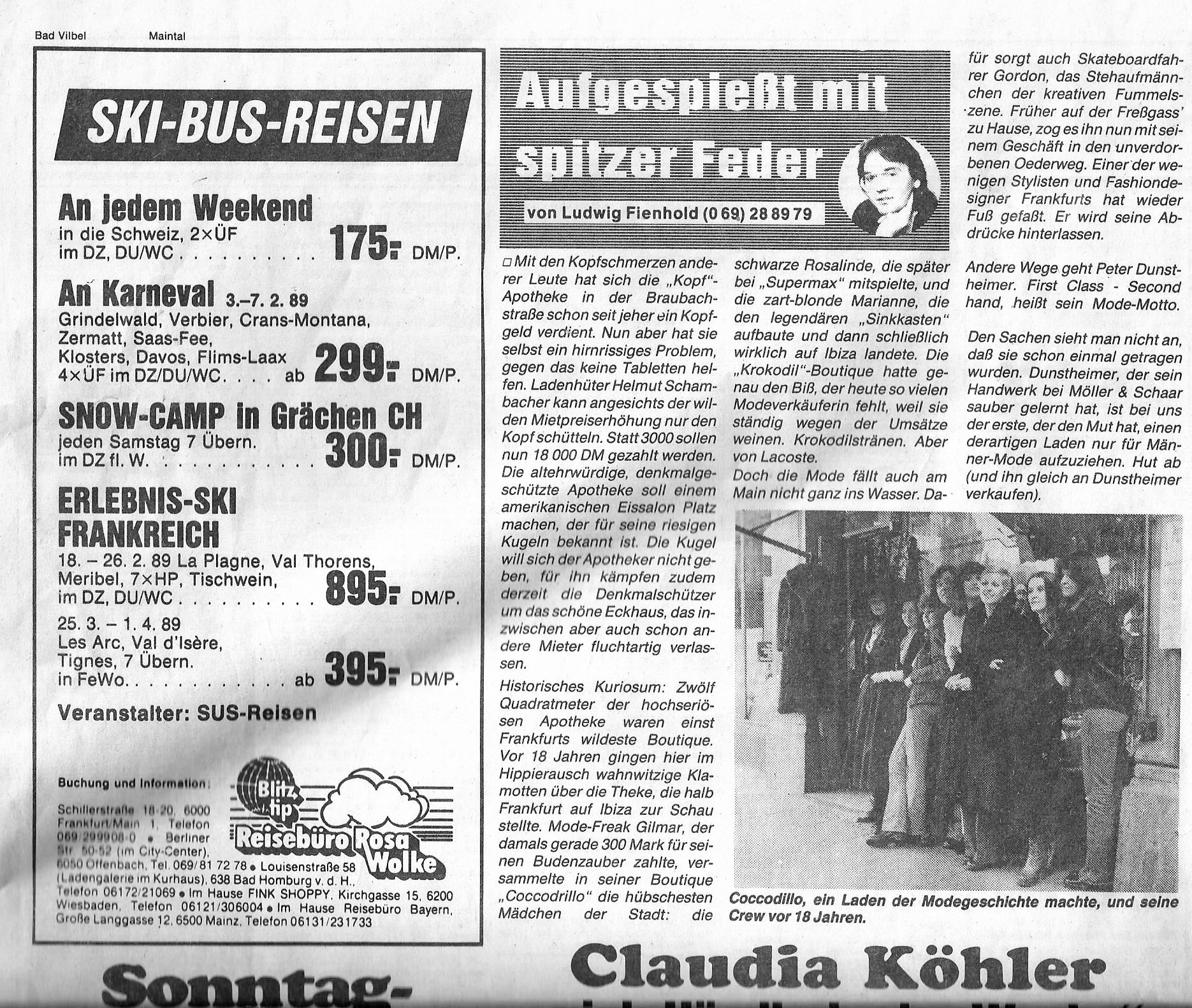 Reisebüro-Werbung und Zeitungsartikel mit Foto von Modegeschäft in Schwarz-Weiß.