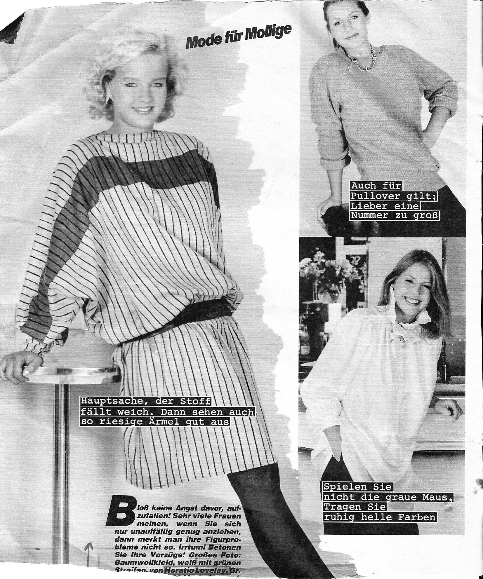 Alte Zeitschriftenseite mit Mode für Frauen in großen Größen, inklusive mehrerer Bilder von Frauen in bequemen, stilvollen Outfits und Modetipps auf Deutsch.