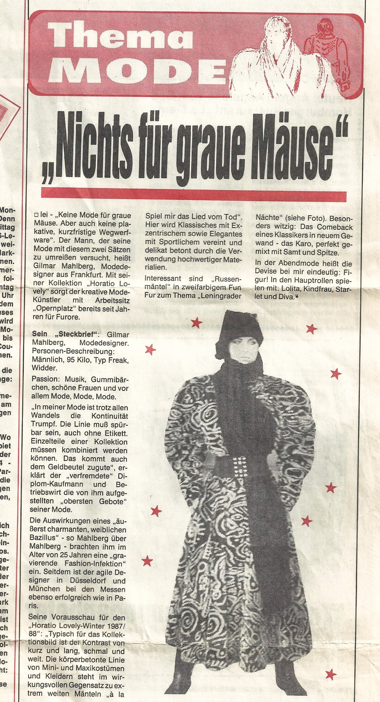 Zeitungsartikel über Mode mit dem Titel "Nichts für graue Mäuse", enthält ein Bild einer Person in einem auffälligen, gemusterten Mantel. Der Artikel beschreibt die Kollektion von Modedesigner Gilmar Mahlberg. Themen sind Exzentrik und hochwertige Ma