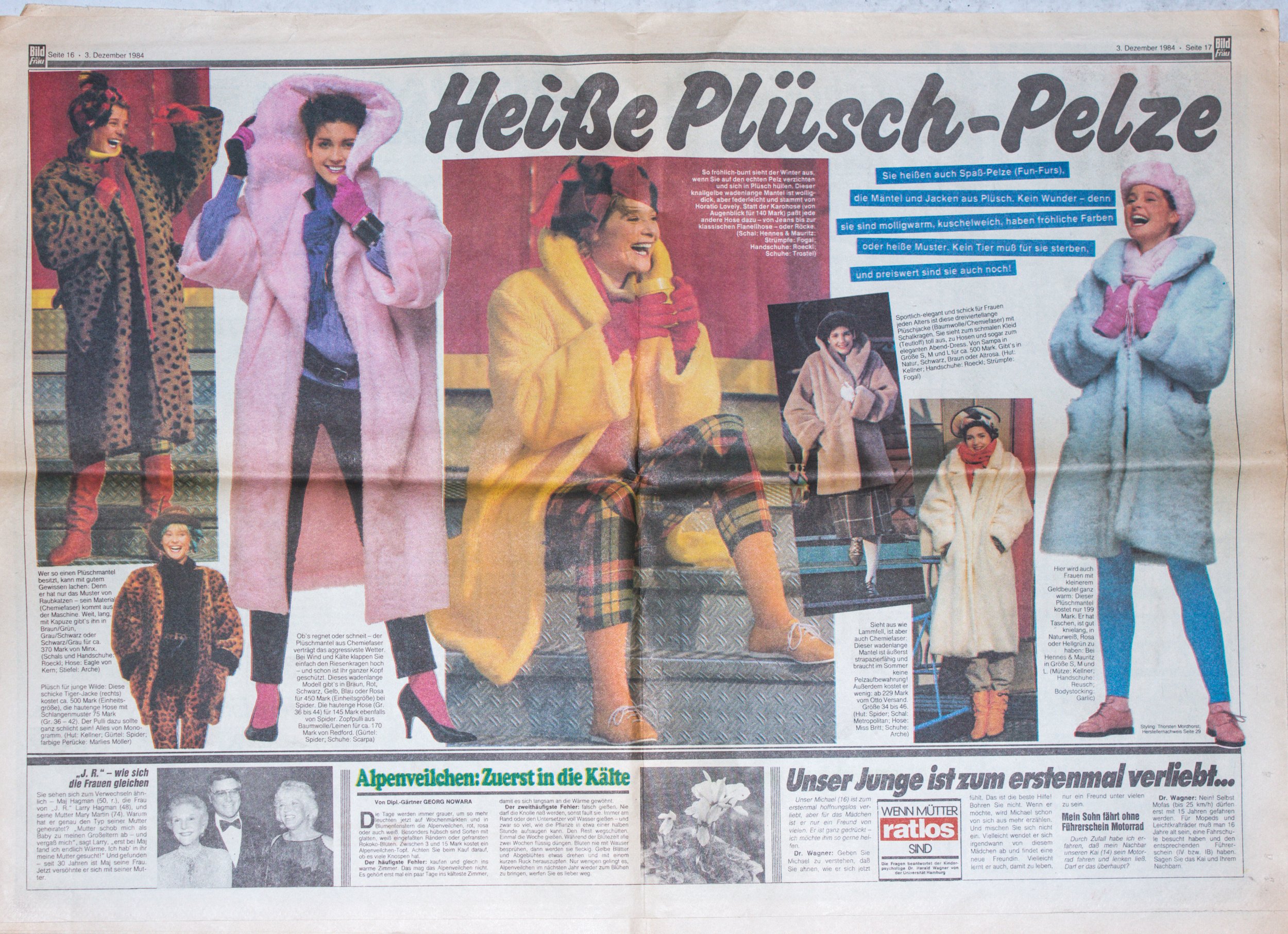 Zeitungsartikel über Plüschmäntel, 1984, mit verschiedenen Modellen in bunten Mänteln. Überschrift: "Heiße Plüsch-Pelze."
