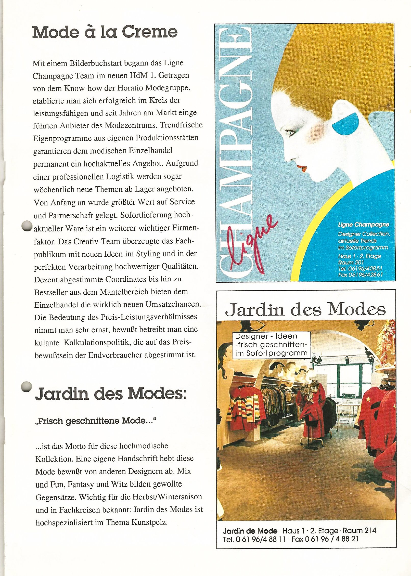 Werbetext über Modekollektionen von Ligne Champagne und Jardin des Modes. Links Text über Mode à la Creme, rechts oben ein Bild mit einer illustrierten Frau und rechts unten ein Foto eines Bekleidungsgeschäfts. Kontaktdaten und Details zu Kollektione