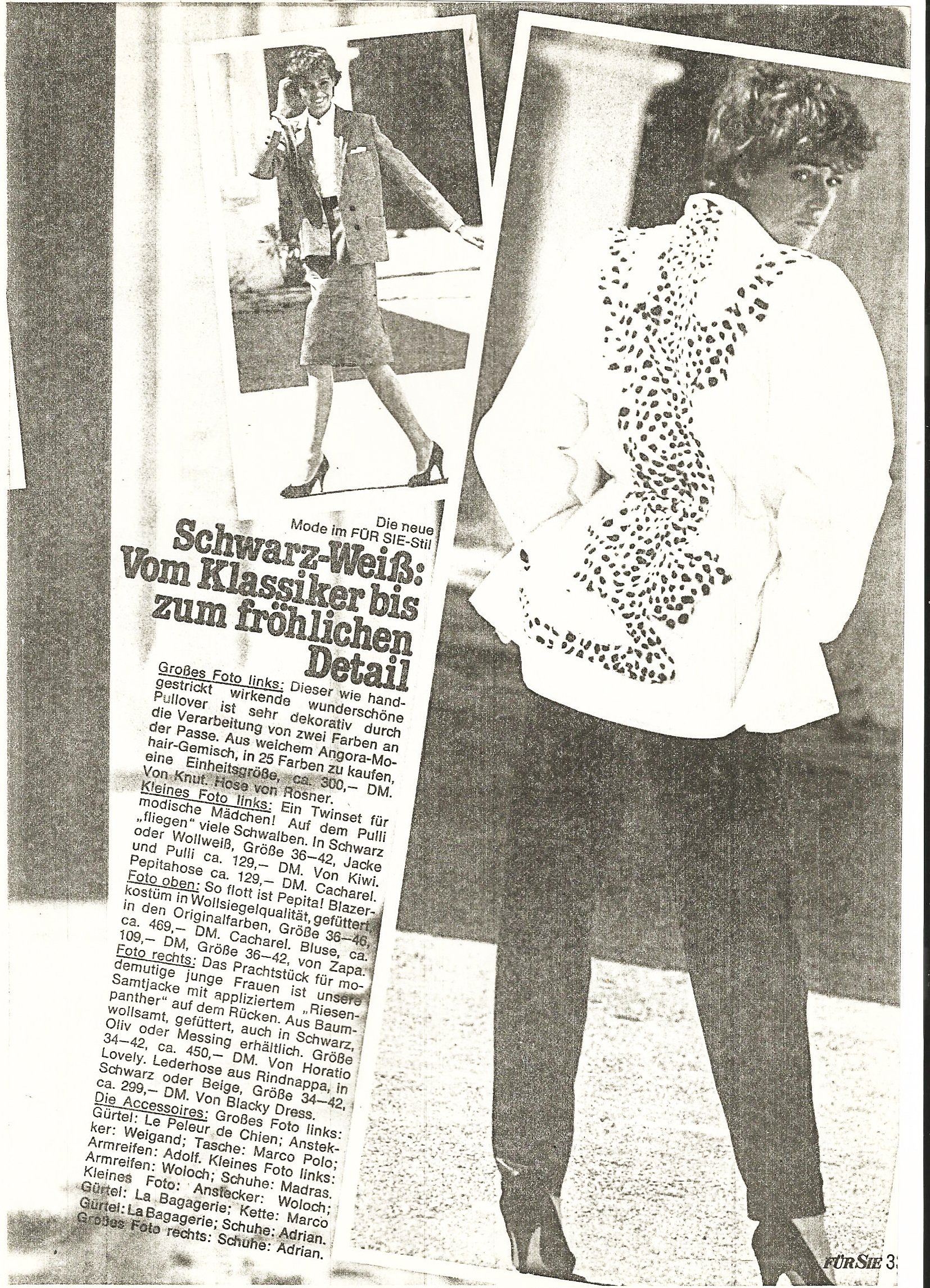 Schwarz-Weiß Modeartikel mit Frauen in eleganter Kleidung. Eine Frau trägt einen Anzug mit Rock, die andere ein weißes Oberteil mit gepunktetem Design. Text beschreibt klassische und modische Details.