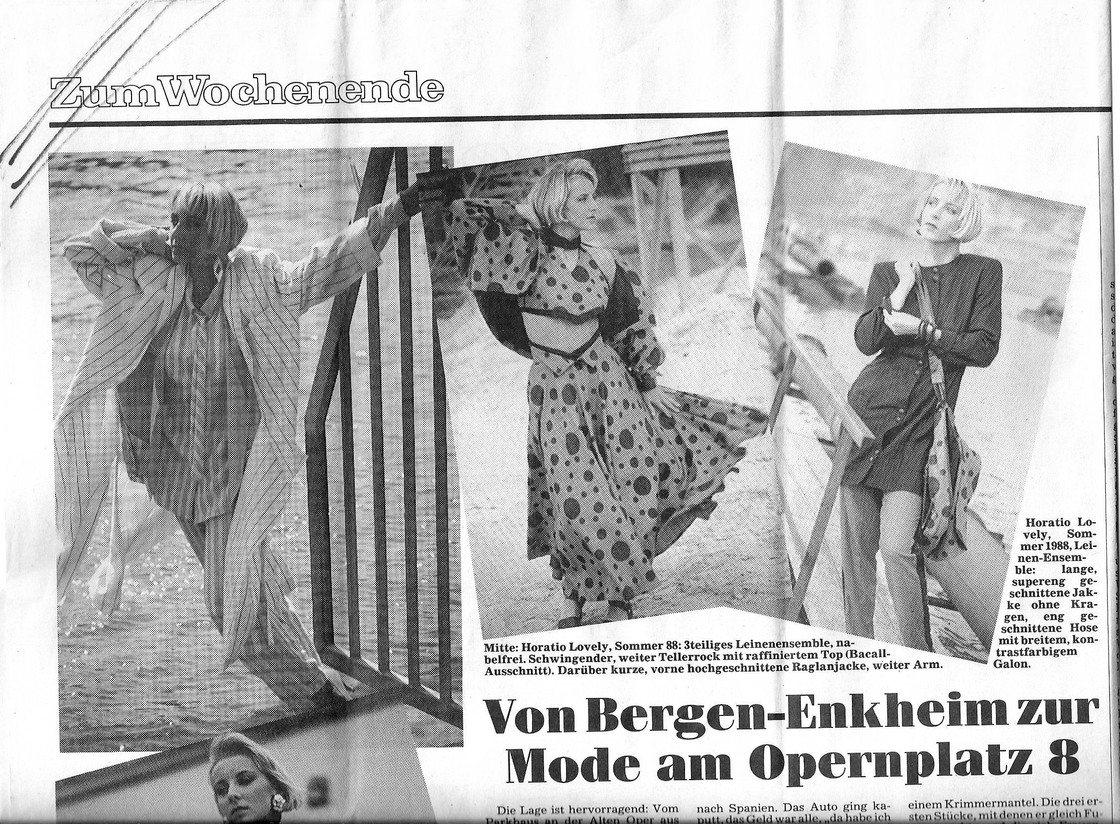 Drei schwarz-weiße Modefotos auf einer Zeitungsseite, präsentiert von Horatio Lovely. Die Fotos zeigen Frauen in verschiedenen Outfits. Links trägt eine Frau einen gestreiften Anzug, in der Mitte ein gepunktetes Kleid, und rechts ein elegantes Ensemb