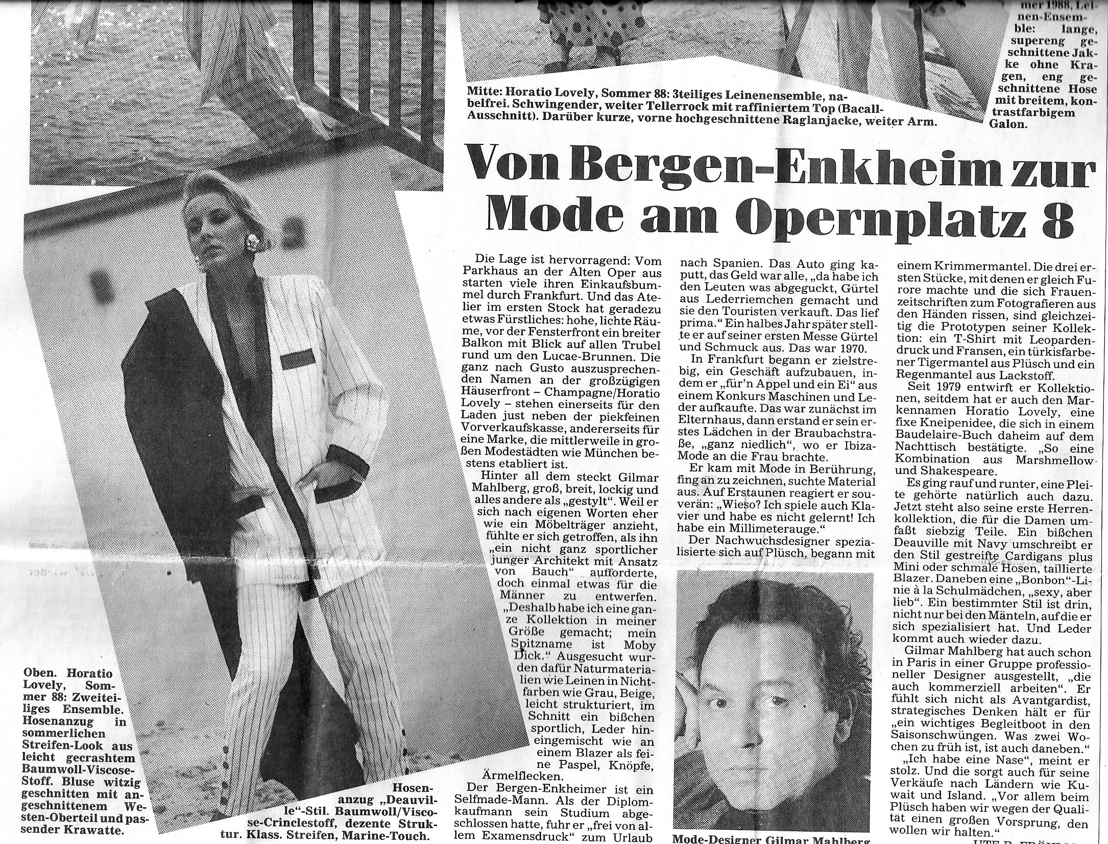 Zeitungsausschnitt mit einem Artikel über Mode am Opernplatz 8. Enthält ein Foto einer Frau in einem gestreiften Anzug und einem Bild einer anderen Person. Artikel thematisiert einen Mode-Designer und beschreibt Kleidungsstile sowie Geschäftsaktivitä