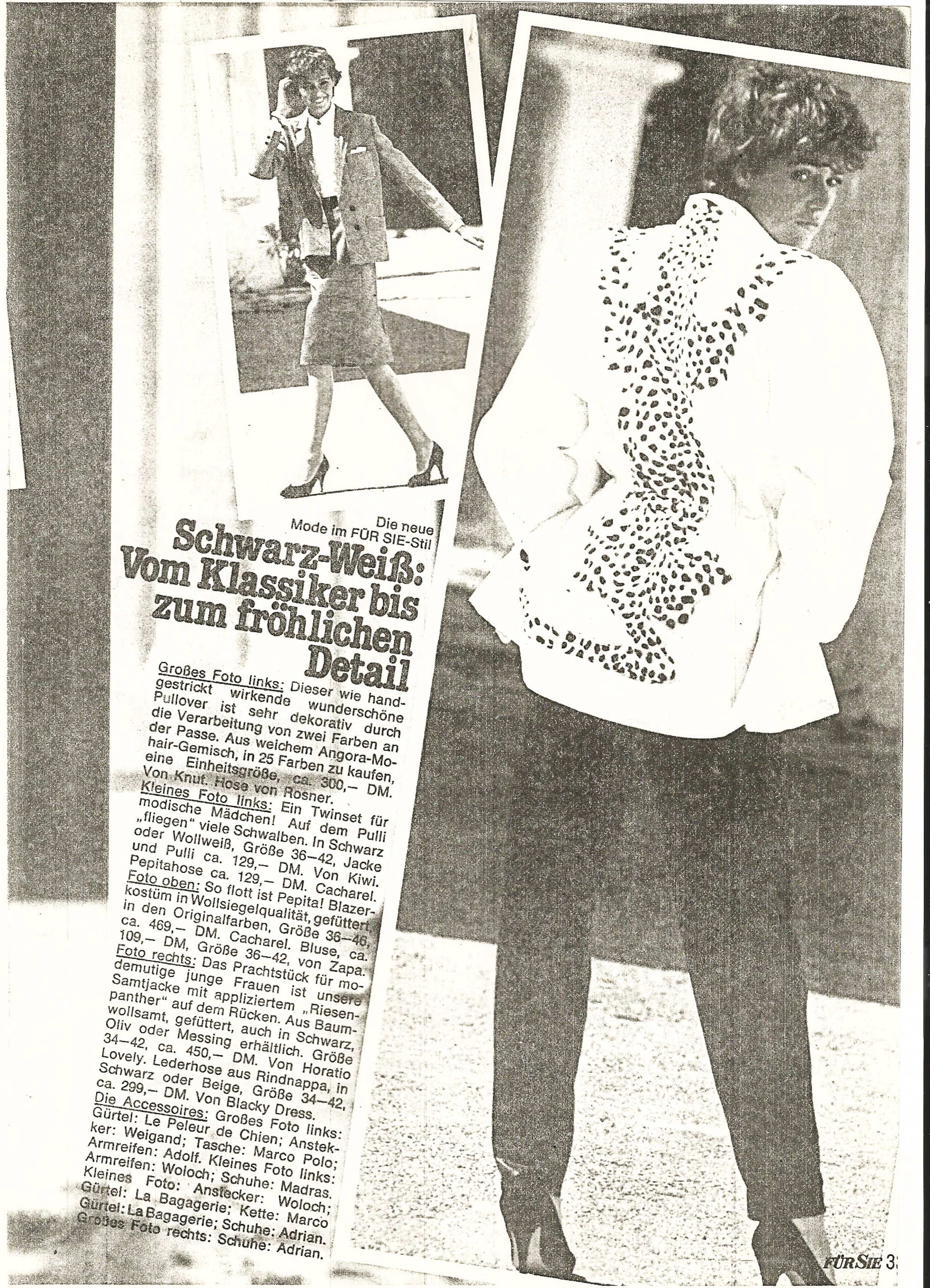 Modeartikel über Schwarz-Weiß-Mode mit zwei Fotos von Frauen in stilvollen Outfits: links eine Frau im Anzug, rechts eine Frau mit gemustertem Rückendetail. Überschrift: "Schwarz-Weiß: Vom Klassiker bis zum fröhlichen Detail". Text beschreibt Kleidun