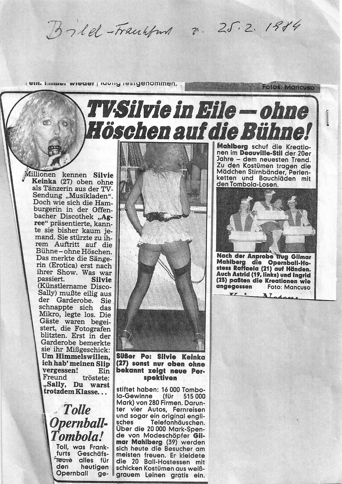 Zeitungsausschnitt mit Artikel über "TV-Silvie" auf einer Bühne ohne Unterwäsche. Enthält ein Bild von Silvie Keinka und Begleittext über sie als Tänzerin und ein Missgeschick bei einem Auftritt in einer Diskothek. Erwähnt werden auch Modedesigner Gi
