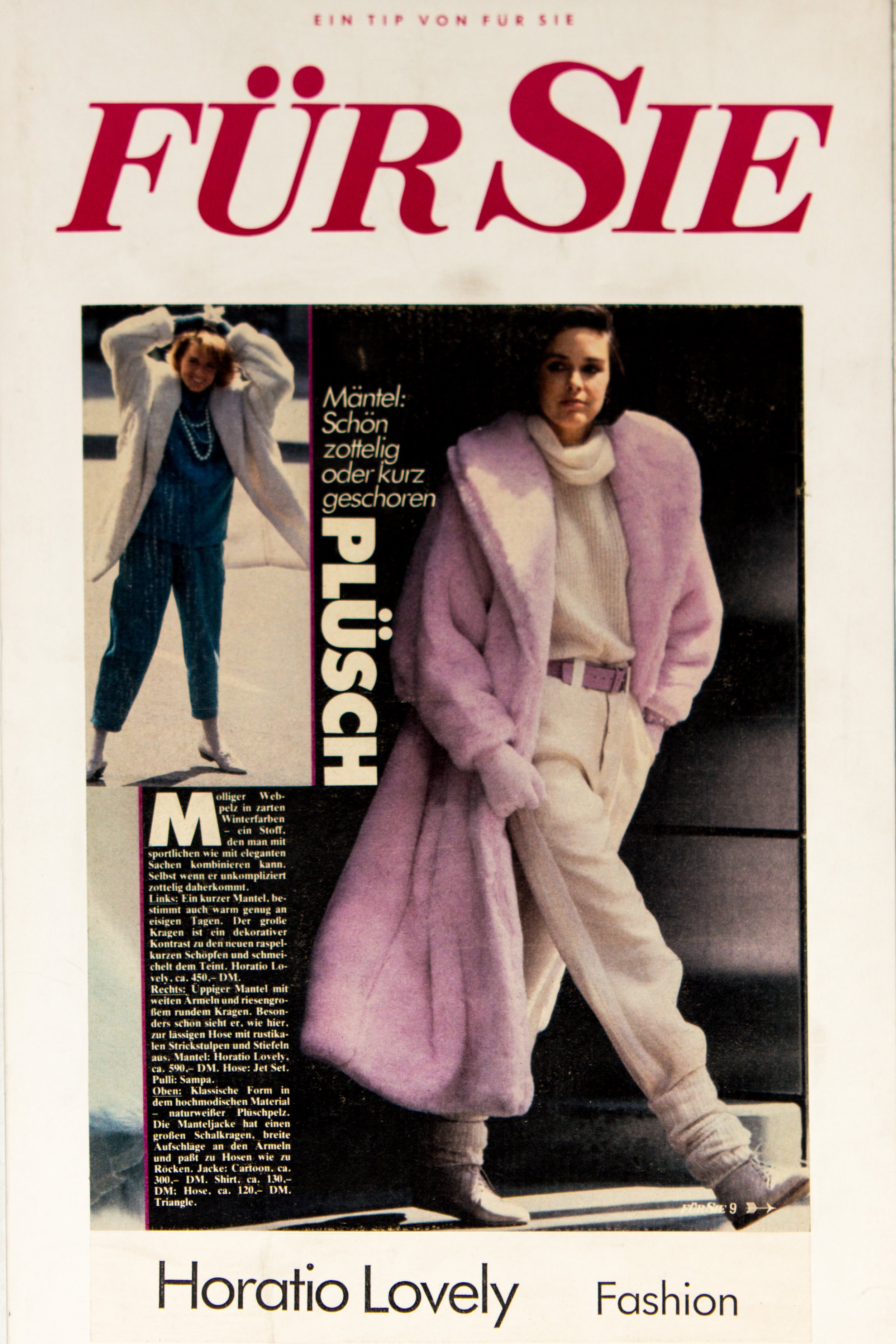 Cover einer Zeitschrift mit dem Titel 'FÜR SIE'. Zwei Frauen tragen luxuriöse Mäntel aus Plüsch. Der Text beschreibt die Mäntel als modische Artikel für den Winter. Unten steht 'Horatio Lovely Fashion'.