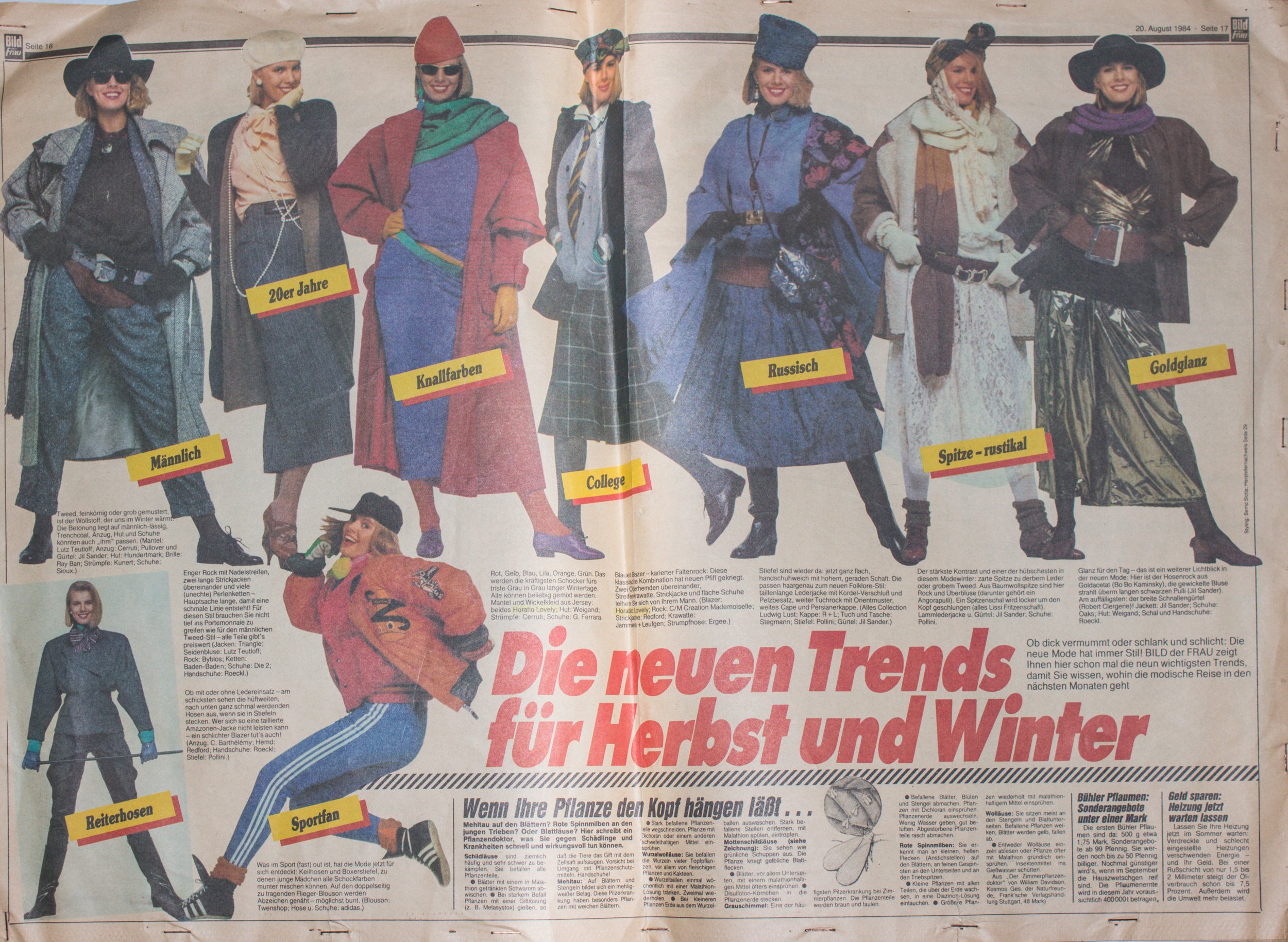 Zeitungsseite mit Mode für Herbst und Winter 1984, zeigt Frauen in verschiedenen Outfits. Beschriftungen für die Looks umfassen: Männlich, 20er Jahre, Knallfarben, College, Russisch, Spitze-rustikal, Goldglanz, Reiterhosen, Sportfan. Zusätzlicher Tex