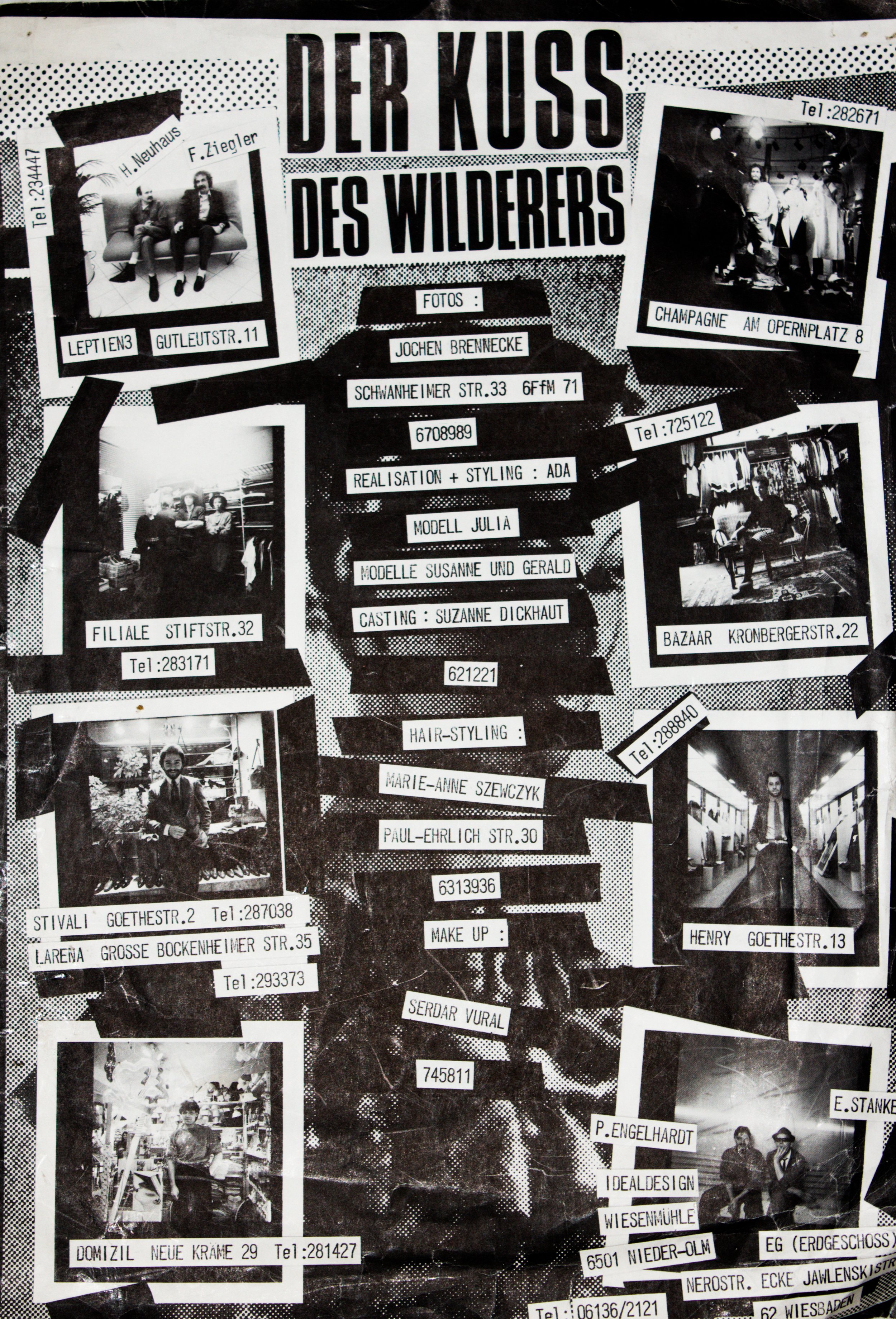 Schwarz-weißes Poster mit dem Titel "Der Kuss des Wilderers", verschiedenen Fotos und Texten über Adressen und Telefonnummern.
