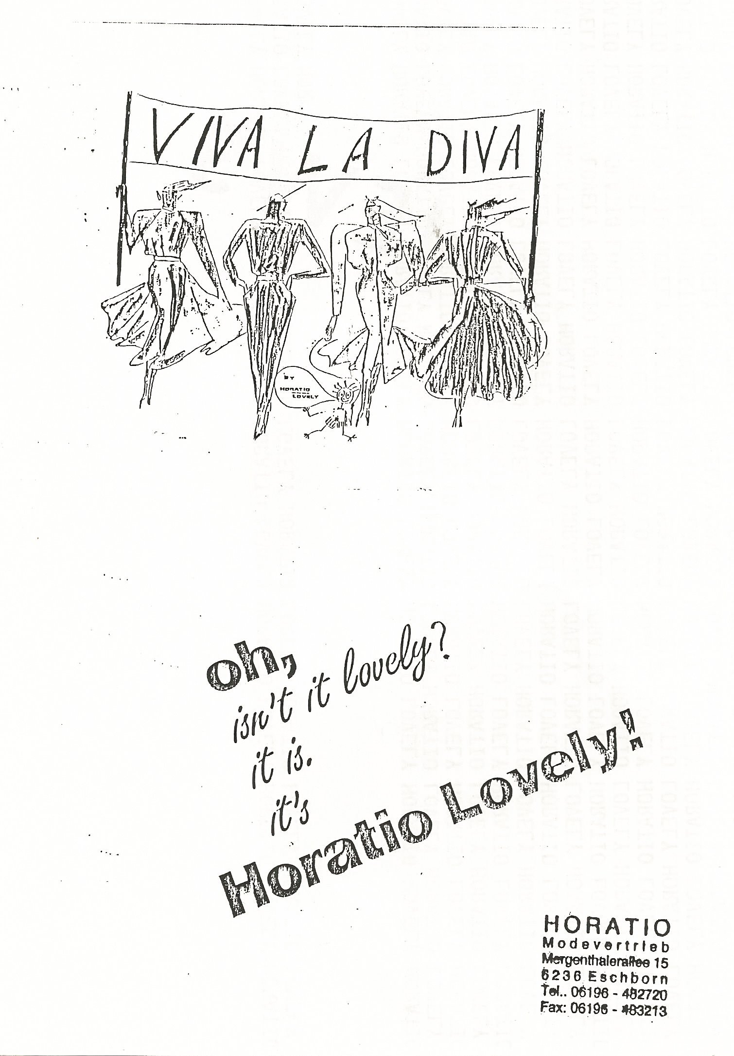 Werbung mit fünf stilisierten Figuren in eleganter Kleidung, die ein Banner mit "Viva La Diva" tragen. Darunter der Text "oh, isn't it lovely? it is. it's Horatio Lovely!" sowie Adresse und Kontaktdaten von Horatio Modevertrieb in Eschborn.