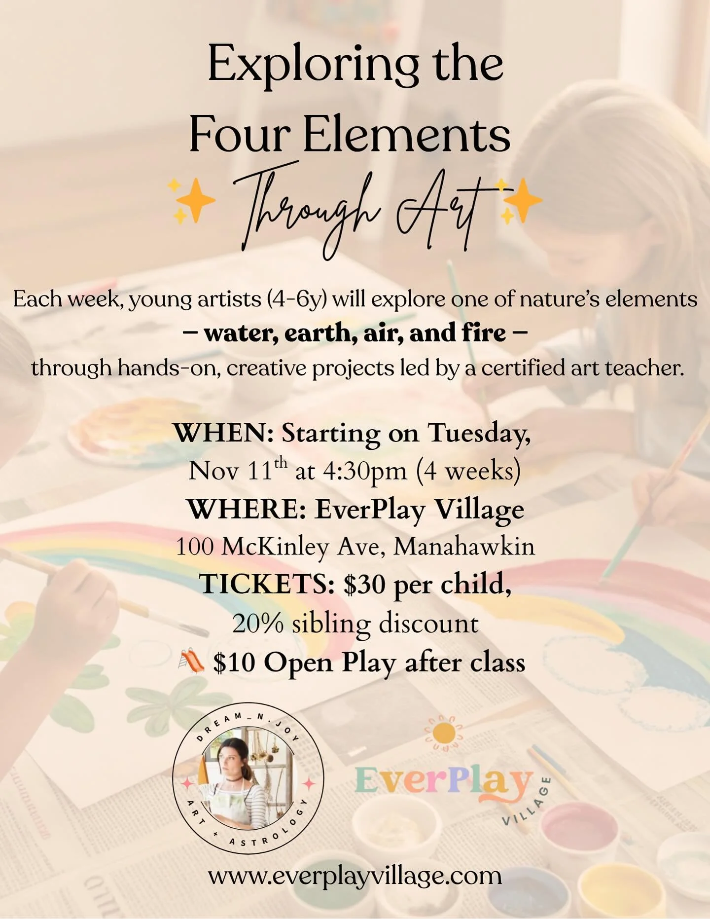 Exploring the Four Elements Through Art 🎨✨
Let your little artist&rsquo;s imagination soar in this creative, hands-on art class designed especially for children ages 4&ndash;6! Taught by Nicole Pagano, certified art teacher and owner of @dream_n.joy