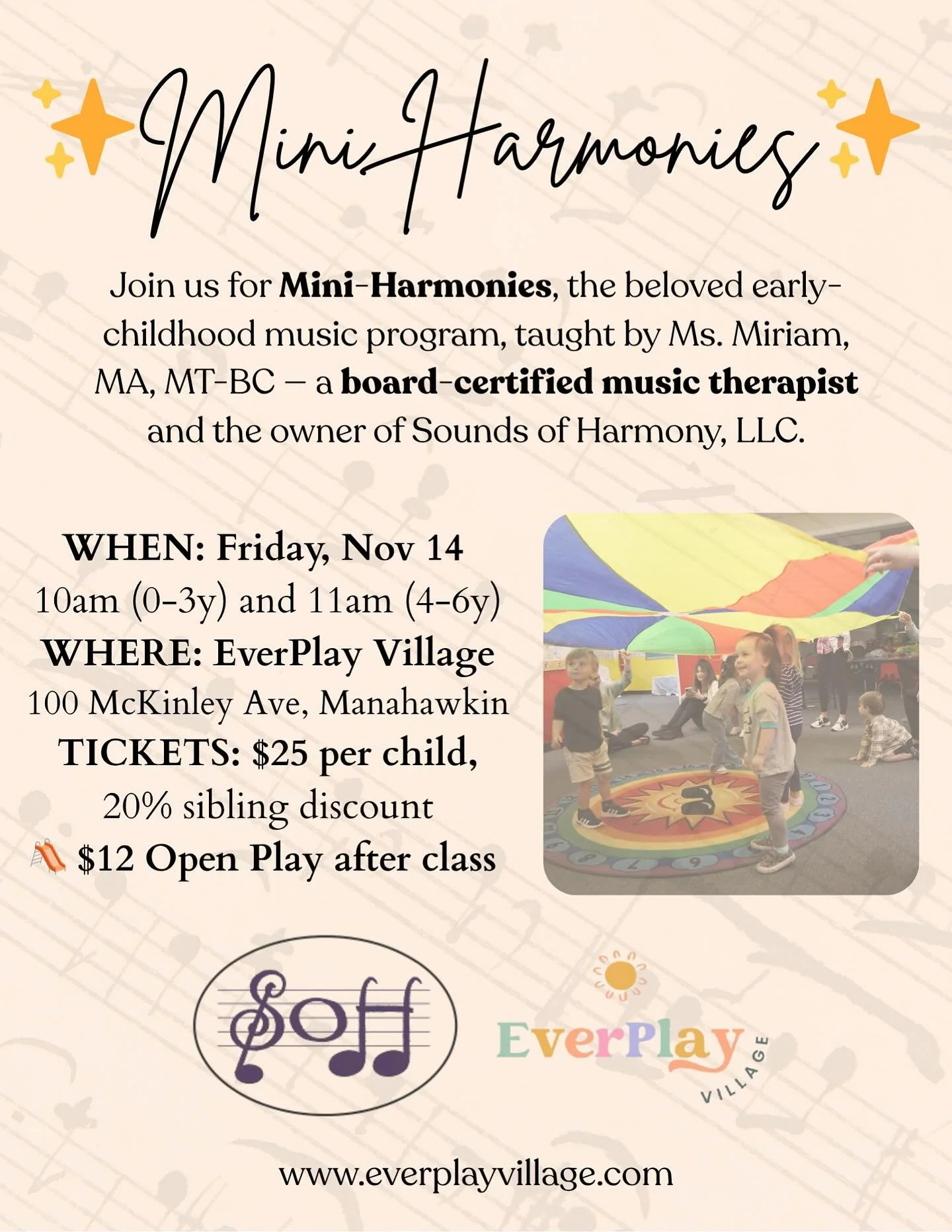 🎶✨ Sing, move, and make memories at Mini-Harmonies! ✨🎶
Join us at EverPlay Village for a joyful music adventure with Ms. Miriam, a board-certified music therapist and owner of Sounds of Harmony, who brings the magic of rhythm and song to life! 🥁🎵
