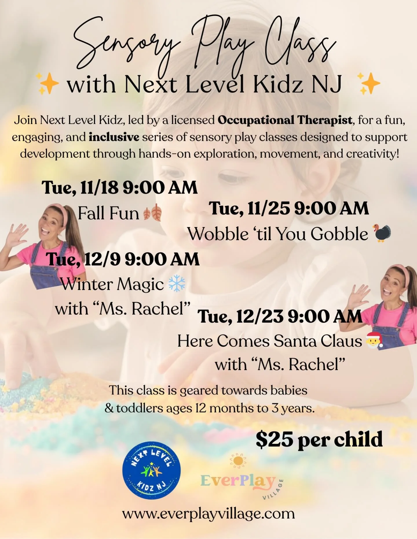 EverPlay&rsquo;s collaboration with Next Level Kidz NJ&rsquo;s very own &ldquo;Ms. Rachel&rdquo; on 12/9 has officially SOLD OUT!

But don&rsquo;t worry &mdash; we&rsquo;re adding another date!
✨ Join us for a special holiday sensory play class with 