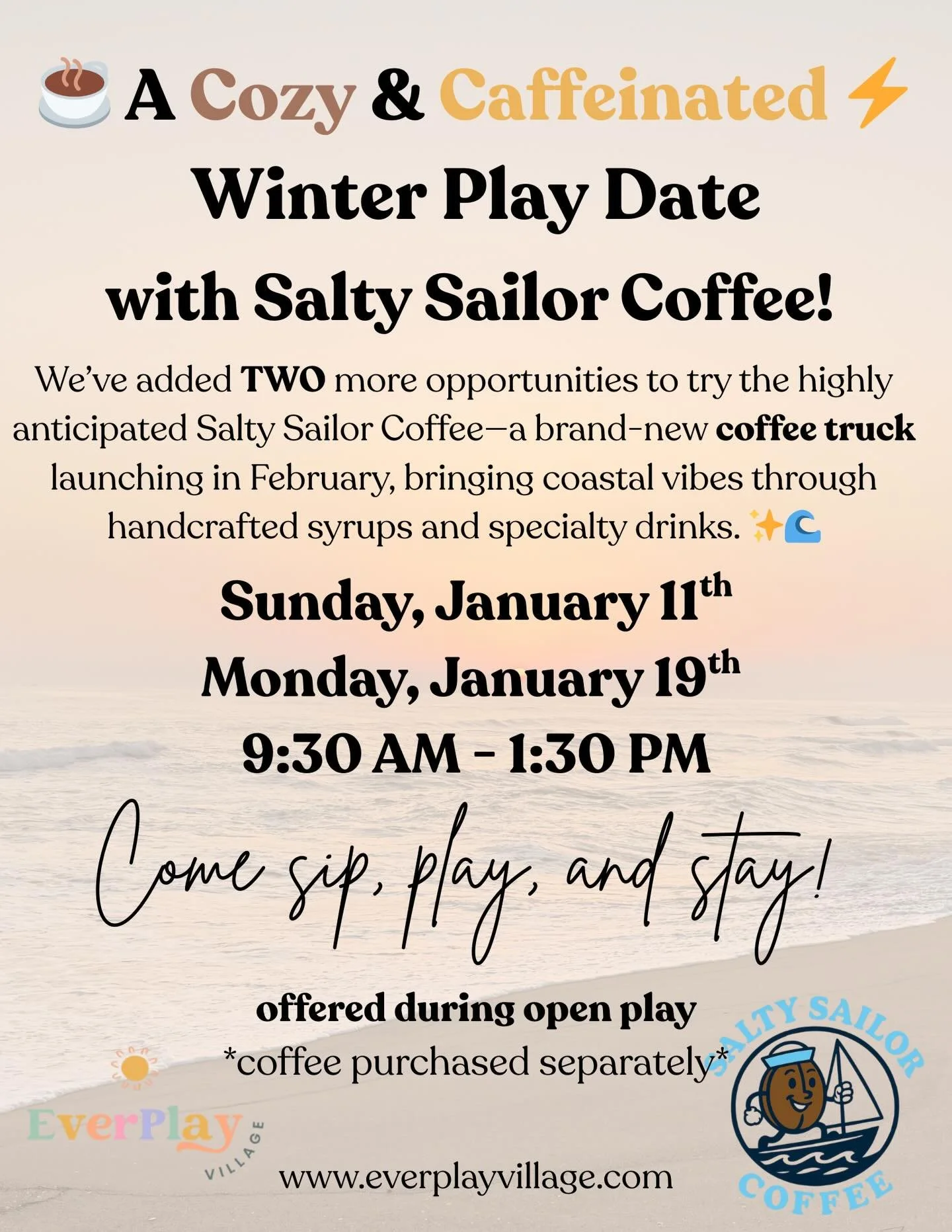 A cozy, caffeinated winter play date awaits ☕️⚡️
Join us at EverPlay with Salty Sailor Coffee on Sunday 1/11 &amp; Monday 1/19&mdash;and yes, kids are OFF school Monday!
Come spend a slow, stress-free morning with us 🤍
👉 Register for open play now&