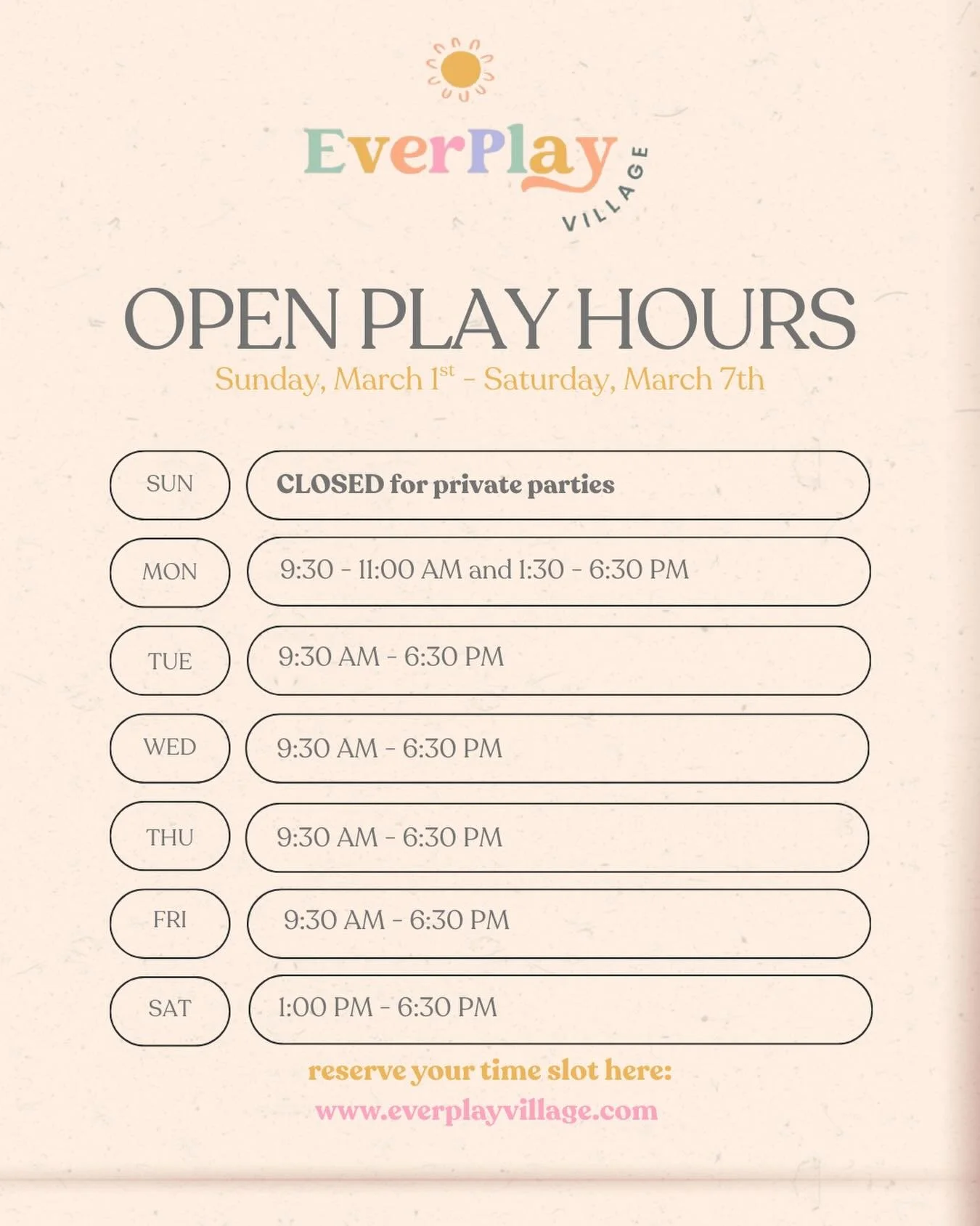 Come Play This Week! 🛝 Reservations are highly encouraged.  Link in bio, stories, and on our website ➡️ www.everplayvillage.com 🫶 We can&rsquo;t wait to see you!
