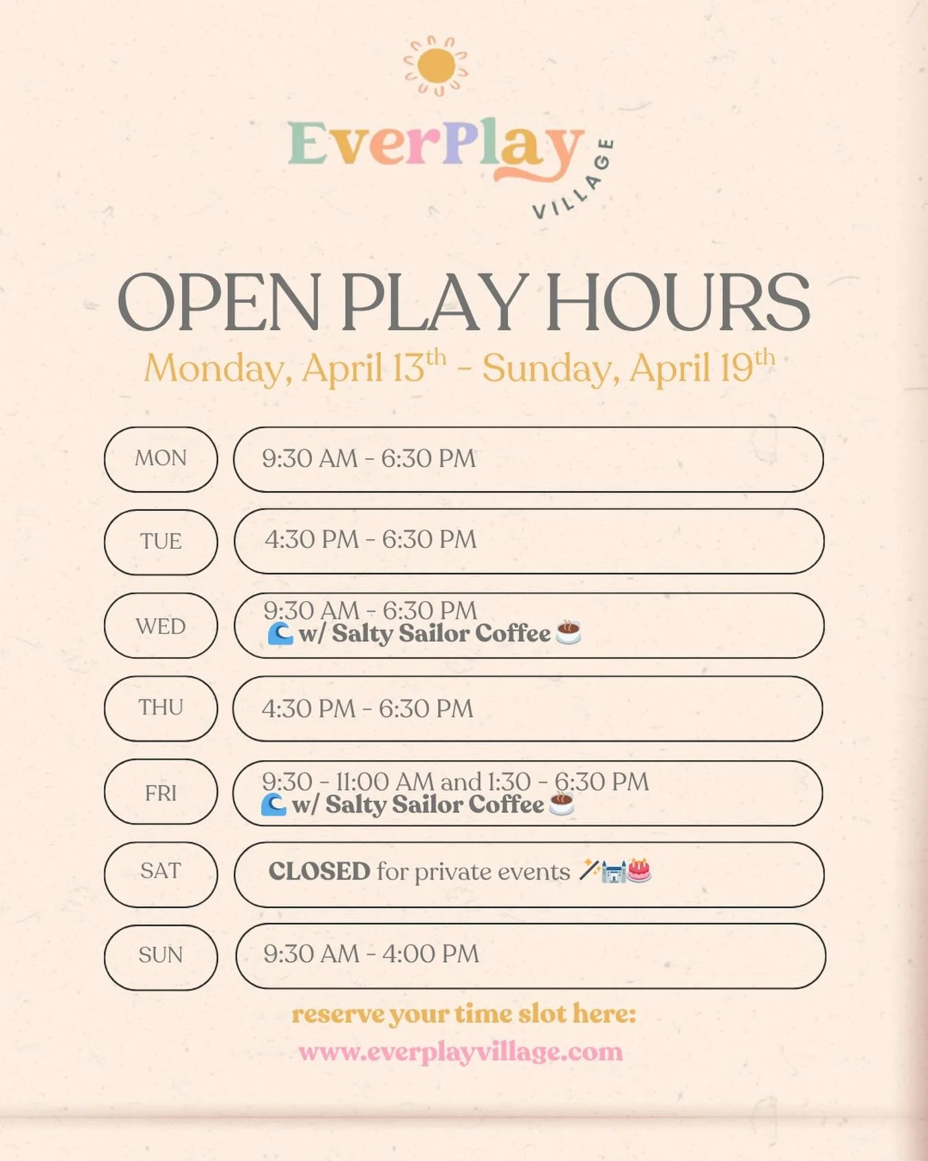 Come Play This Week 🌊☕️✨ Reservations highly recommended.  Link in bio, stories, and on our website ➡️ www.everplayvillage.com 🫶 We can&rsquo;t wait to see you!!