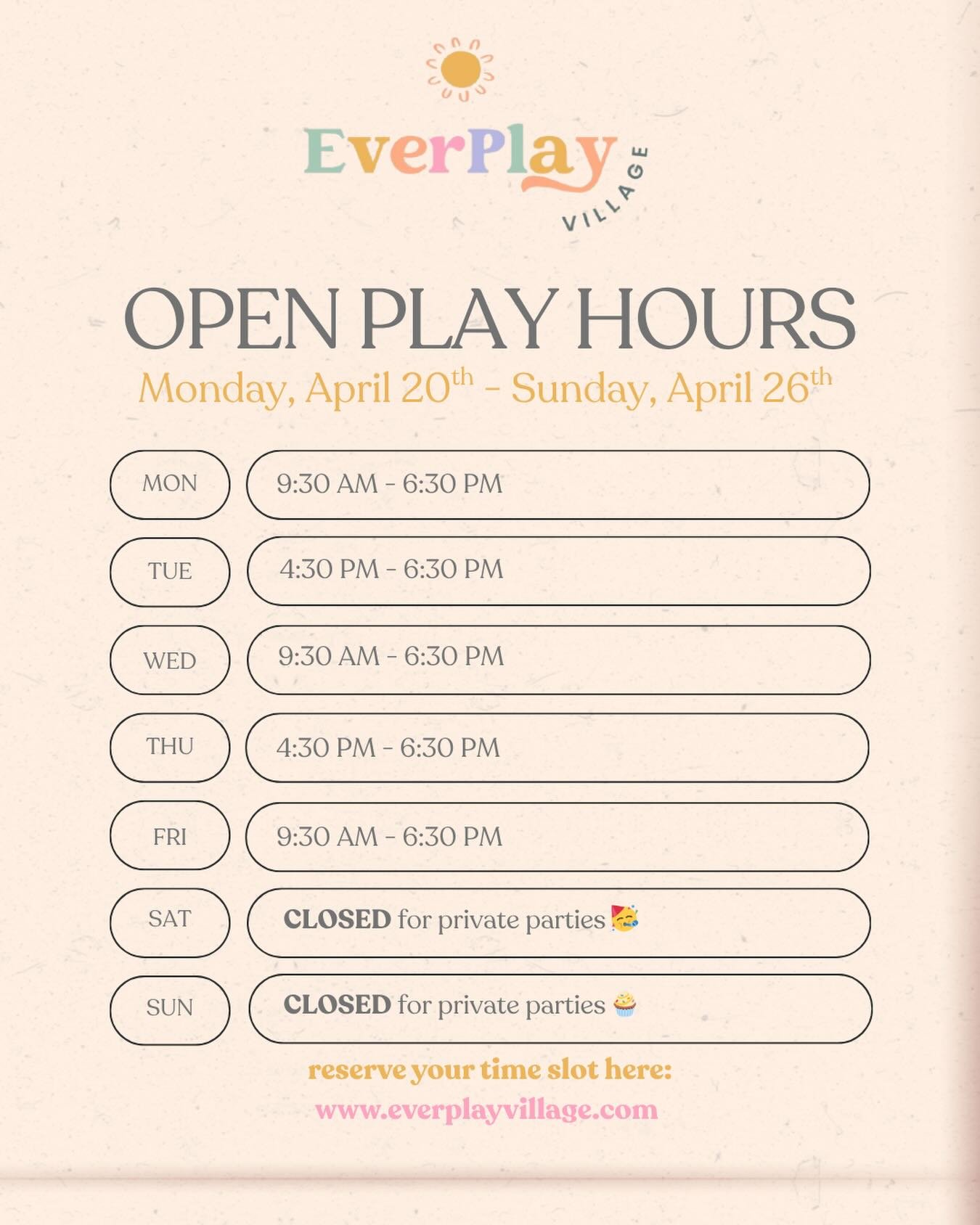 Come Play This Week! 🤩 Reservations highly recommended.  Link in our stories, bio, and on our website ➡️ www.everplayvillage.com ✨ We can&rsquo;t wait to see you 😌