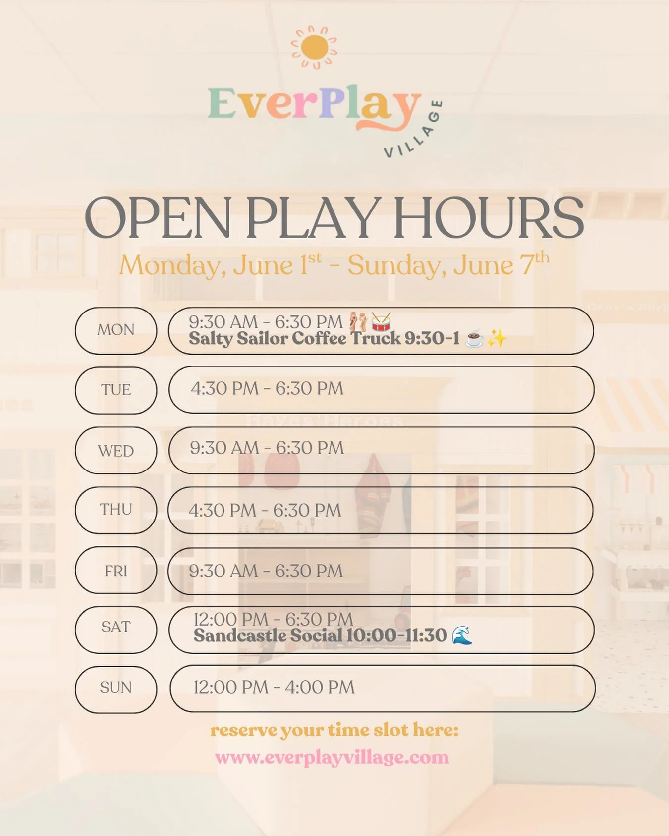 Come Play This Week! 🌊✨ Reservations are highly recommended.  Link in stories, bio, and on our website ➡️ www.everplayvillage.com 🫶 We can&rsquo;t wait to see you!!