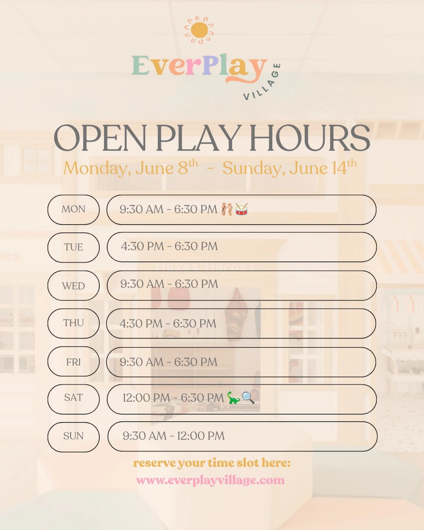 Come Play This Week 🛝✨ Reservations highly recommended.  Link in stories, bio, and on our website ➡️ www.everplayvillage.com 🫶 We can&rsquo;t wait to see you!

We also have our second week of our Wiggle &amp; Wonder and Twirl &amp; Bloom ballet cla